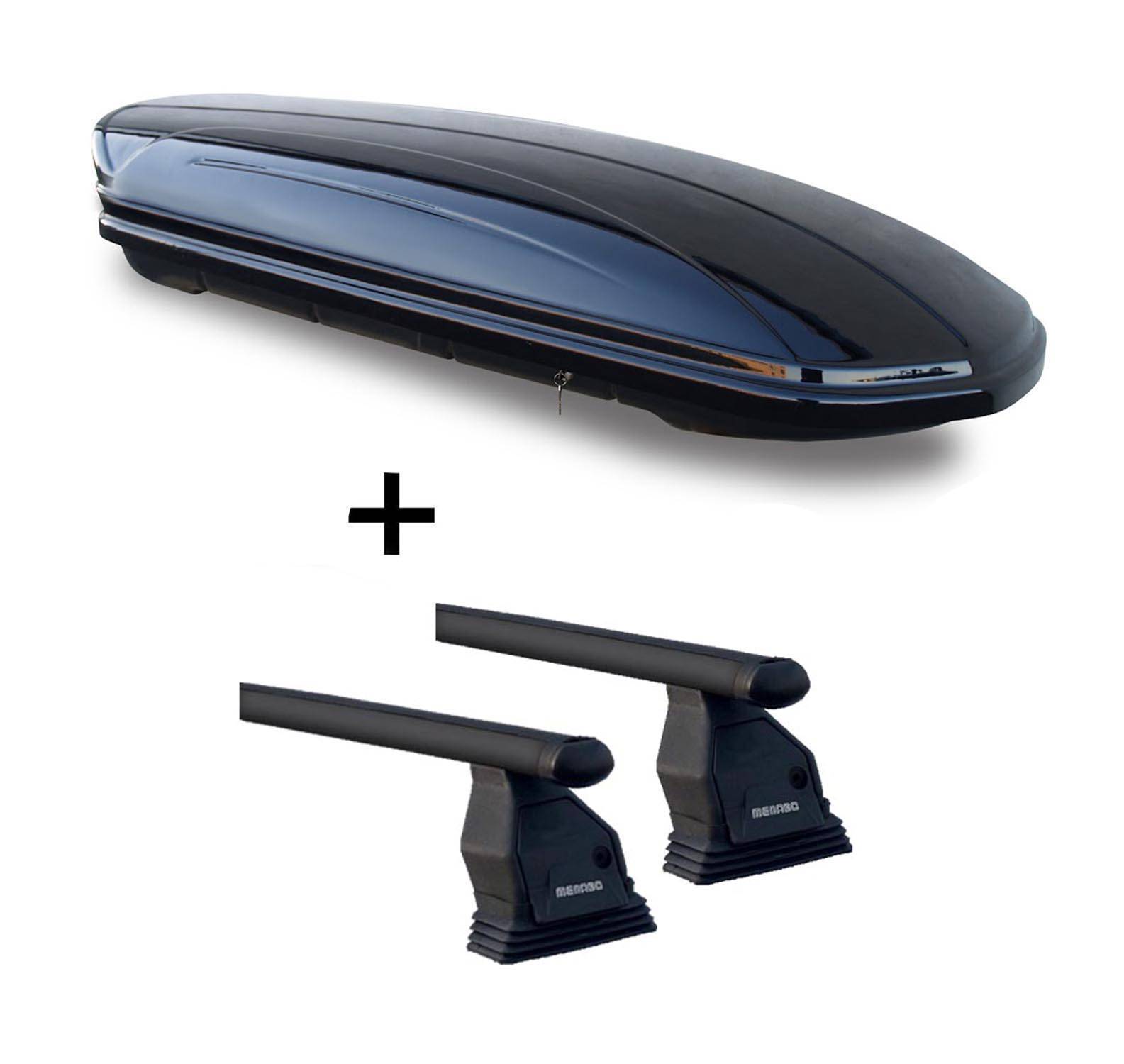 Dachbox VDPMAA580 580Ltr abschließbar schwarz + Dachträger Menabo TEMA kompatibel mit Infiniti QX30 5 Türer ab 2016 Stahl