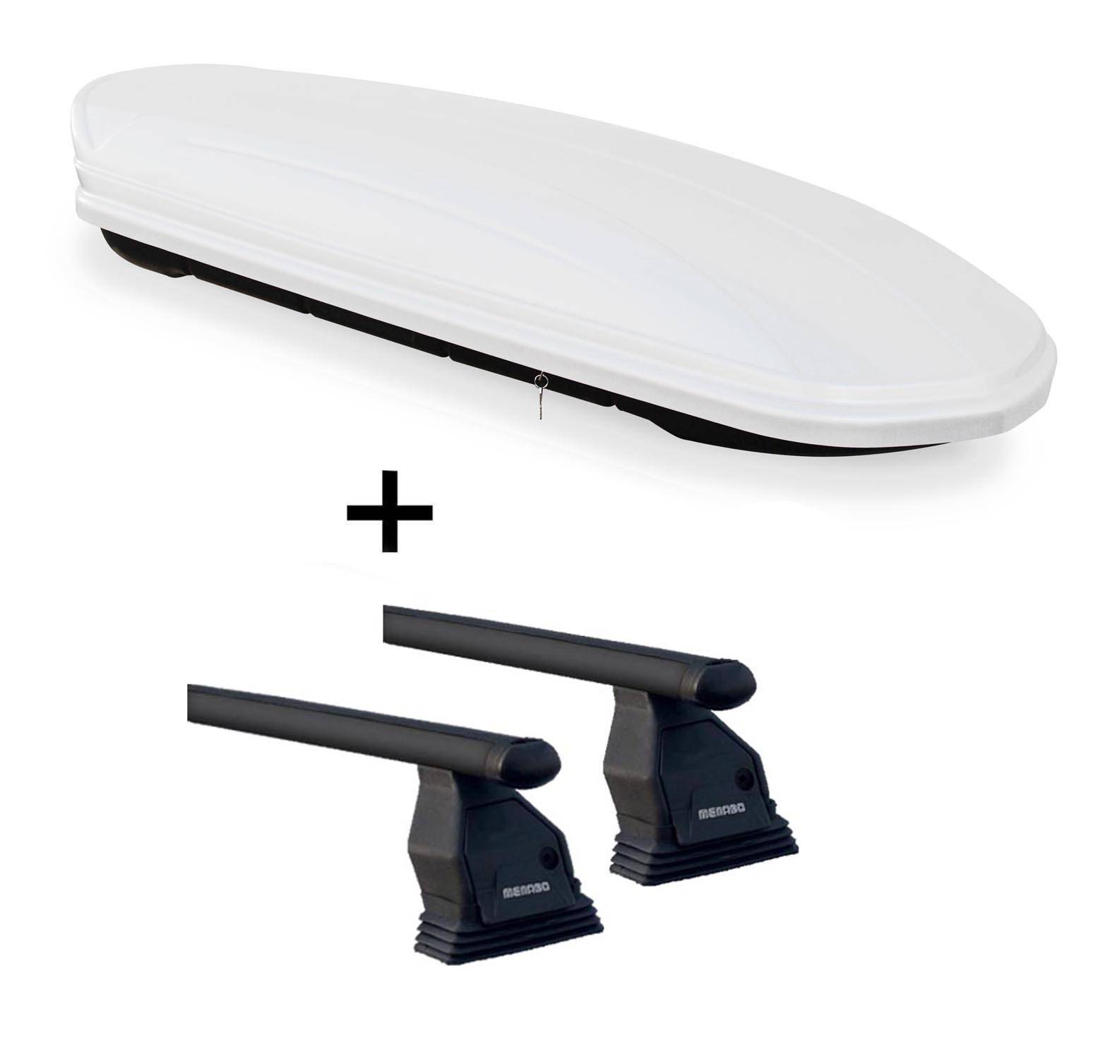 Dachbox VDPMAA460 weiss abschließbar 460Ltr + Dachträger Menabo Tema kompatibel mit für BMW 3er Coupe E90 2005-2011 Stahl