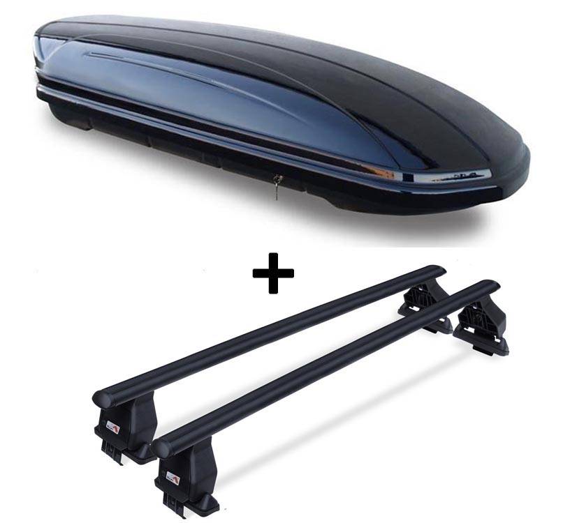 Dachbox 580 Ltr abschließbar schwarz VDPMAA580 + Dachträger Menabo Tema kompatibel mit für VW Touran ohne Reling 2003-2015 Stahl