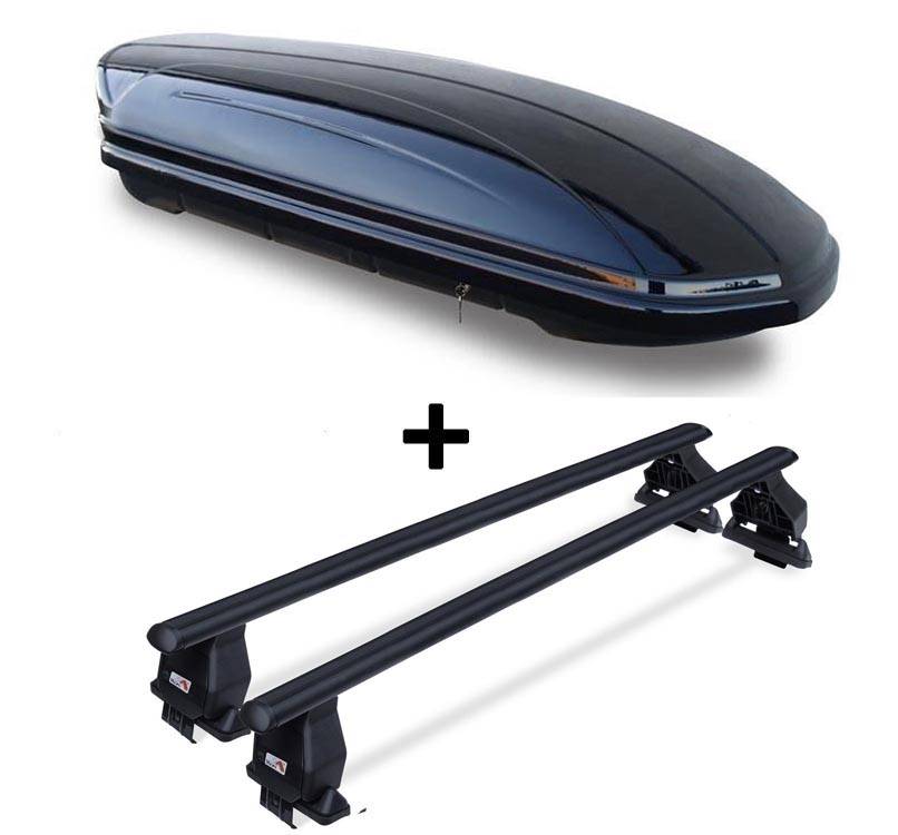 Dachbox VDPMAA460 schwarz glänzend 460 Ltr abschließbar + Dachträger Menabo Tema kompatibel mit für Fiat Panda ohne Reling 2003-2011 Stahl