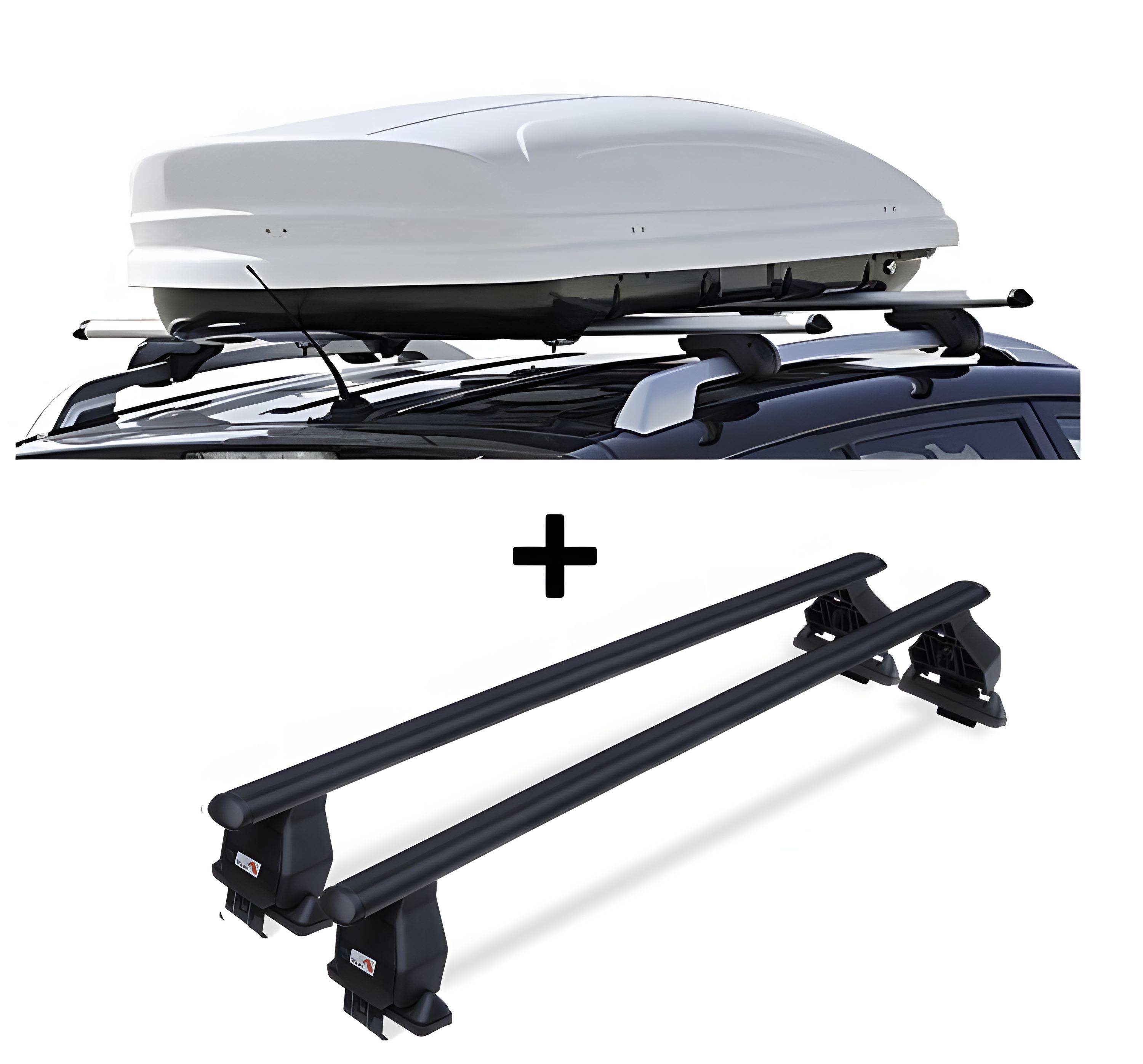 Dachbox VDPMAA460 weiss abschließbar 460Ltr + Stahl Dachträger Menabo Tema kompatibel mit für Mitsubishi Space Star (Steilheck 5 Türer) 2013-2016