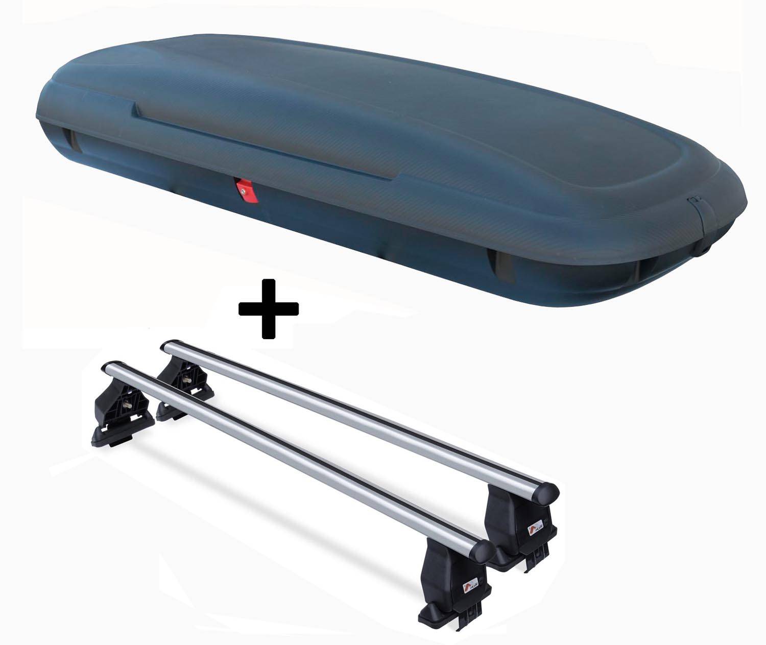 Dachbox VDPCA480 480 Ltr carbonlook + Aluminium Dachträger Menabo Tema kompatibel mit für Mazda 2 (Schrägheck 3 Türer) ab 2008
