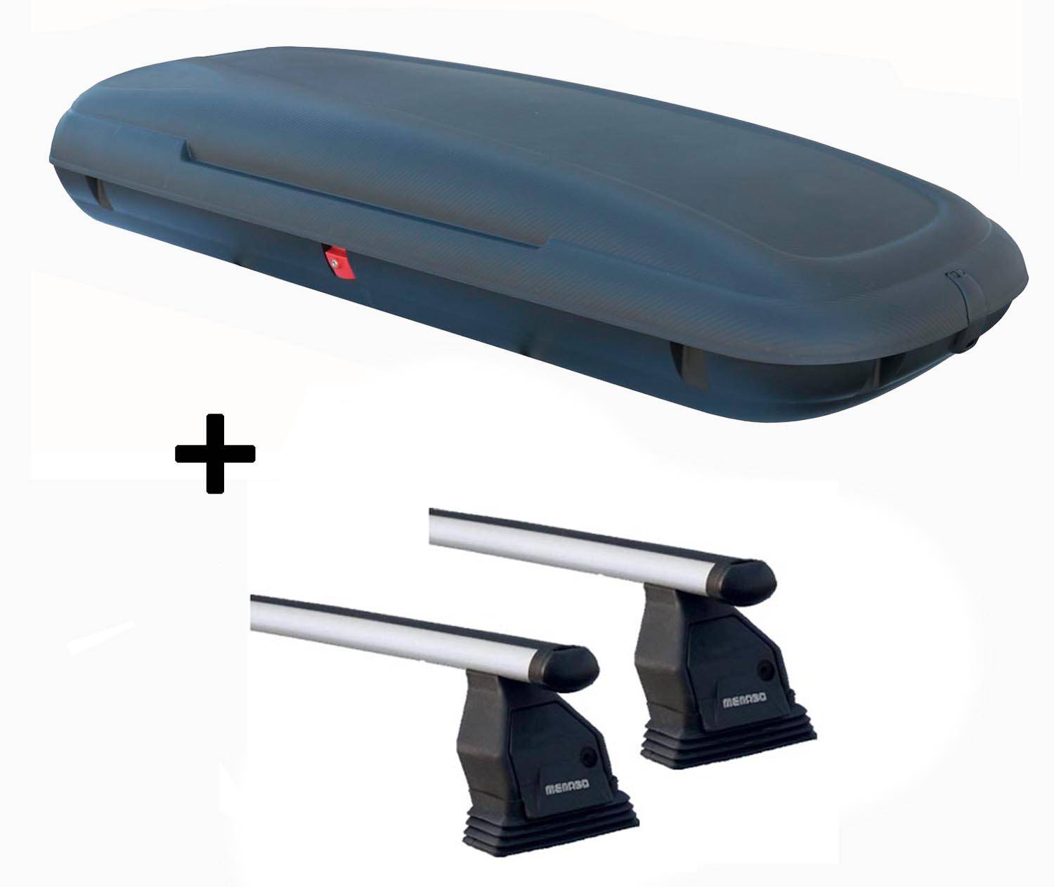 Dachbox VDPCA480 480 Ltr carbonlook + Aluminium Dachträger Menabo Tema kompatibel mit für Saab 9-3 (Kombi 5 Türer) 2002-2013