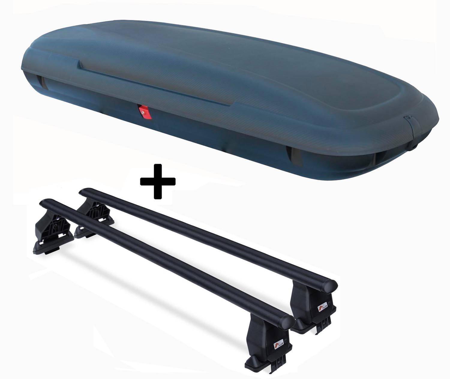 Dachbox VDPCA480 480 Ltr carbonlook + Stahl Dachträger Menabo Tema kompatibel mit für Seat Mii (Steilheck 3/5 Türer) ab 2012