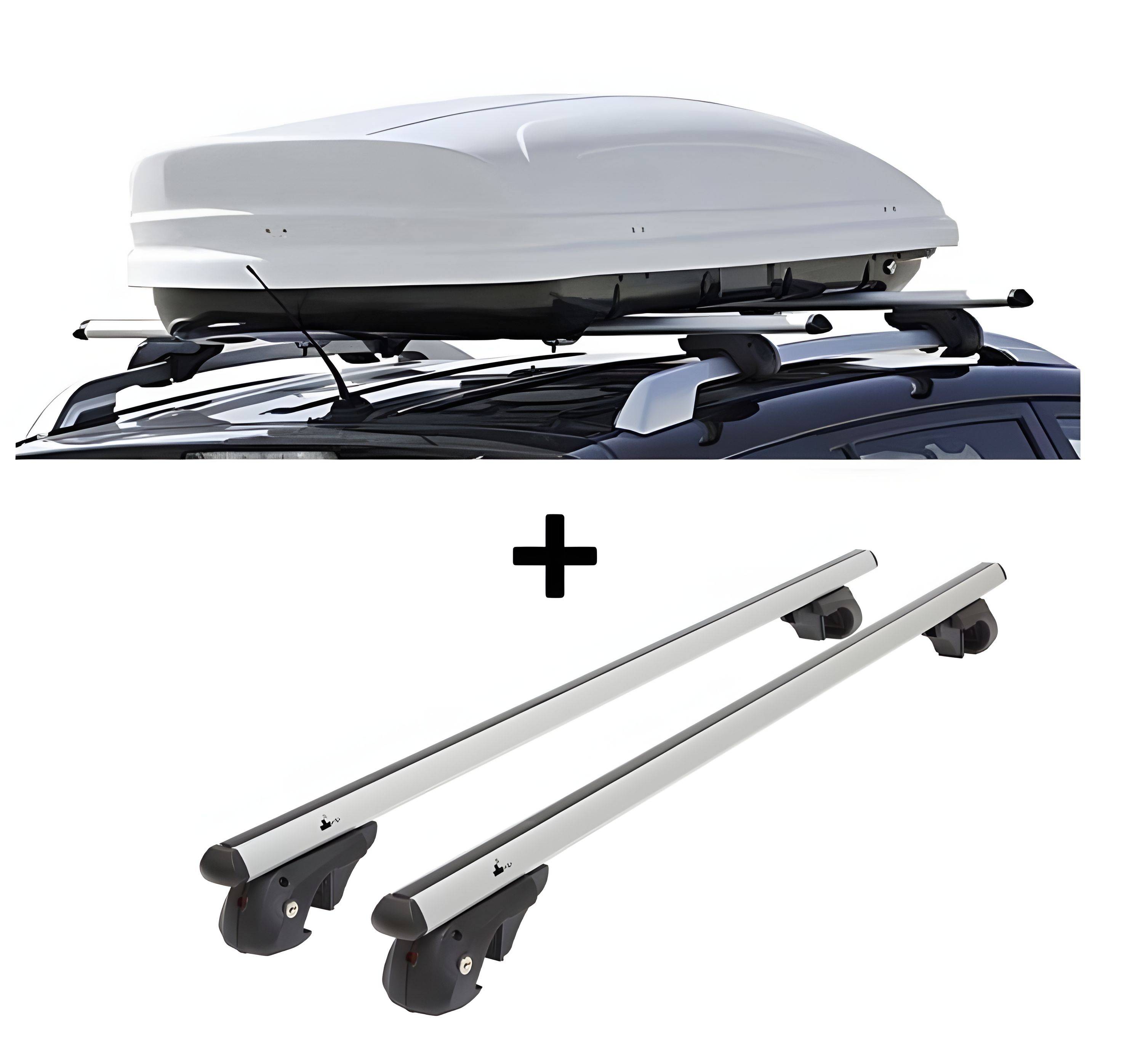 Dachbox VDPMAA460 460Ltr weiß abschließbar + Alu Relingträger VDP004XL kompatibel mit für Citroen C-Crosser EP ab 07