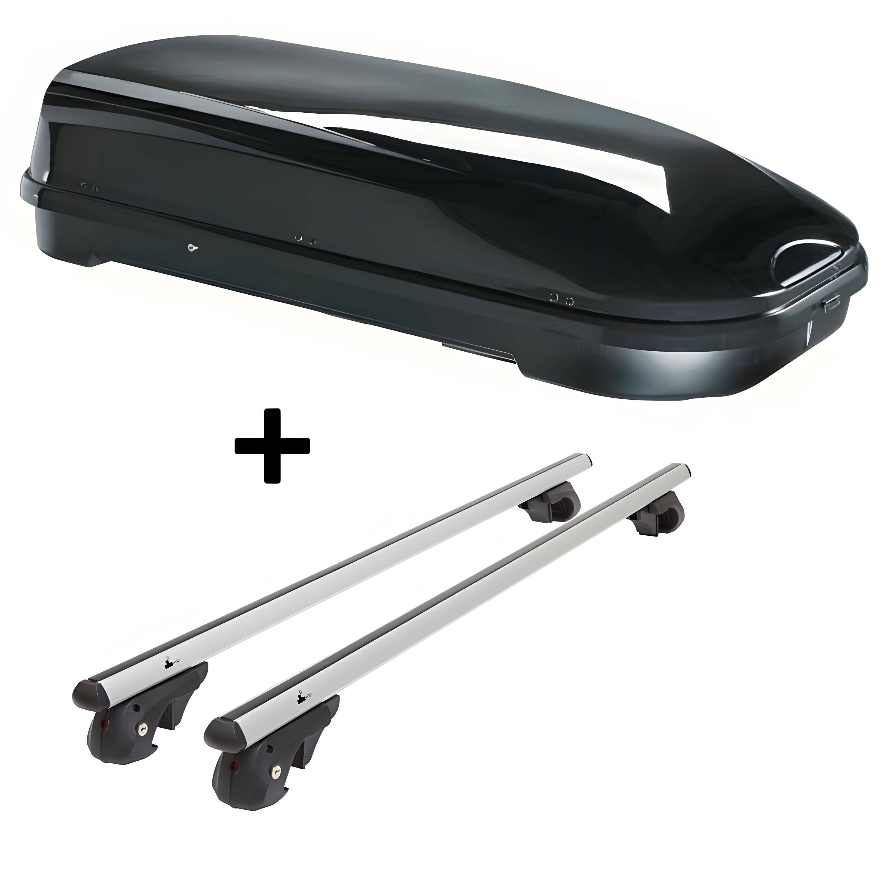 Dachbox VDPFL580 580Ltr schwarz glänzend + Alu Relingträger VDP004L kompatibel mit für Renault Laguna Grand Tour KG 01-07