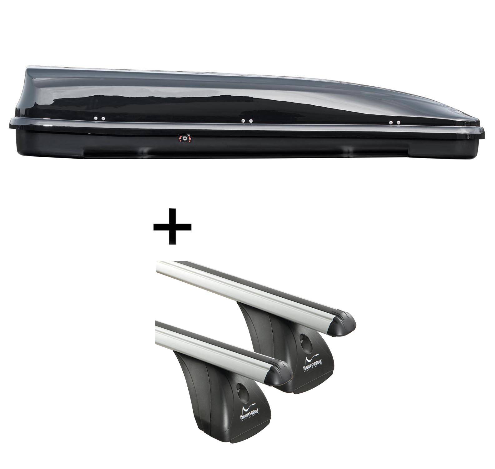 Dachbox VDPFL460 460Ltr schwarz glänzend + Aluminium Dachträger Aurilis VDP kompatibel mit für Audi A1 (3Türer) ab 2010