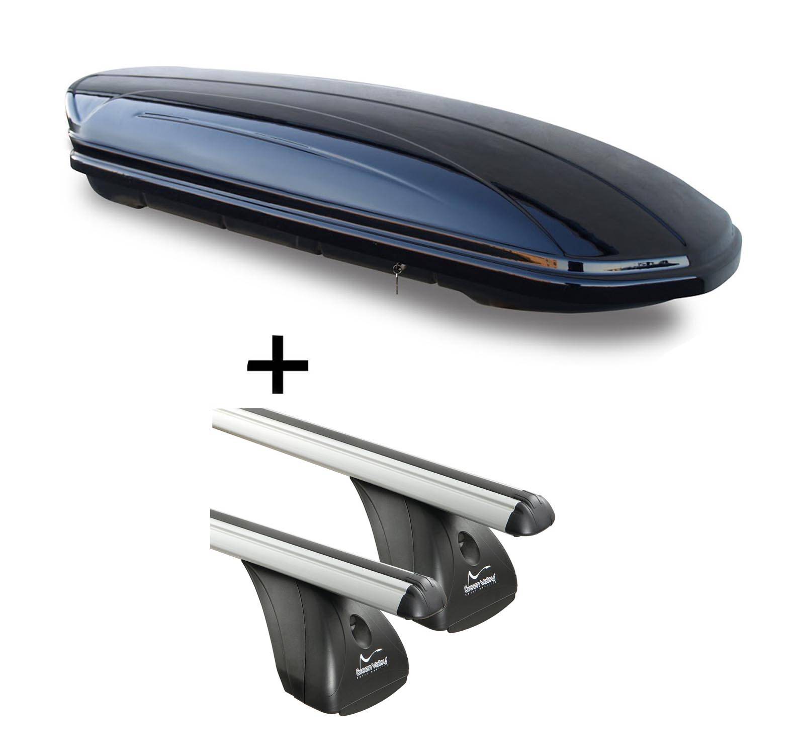 Dachbox VDPMAA460 460Ltr schwarz glänzend abschließbar + Alu Dachträger Aurilis VDP kompatibel mit für Seat Toledo IV (4Türer) ab 2013