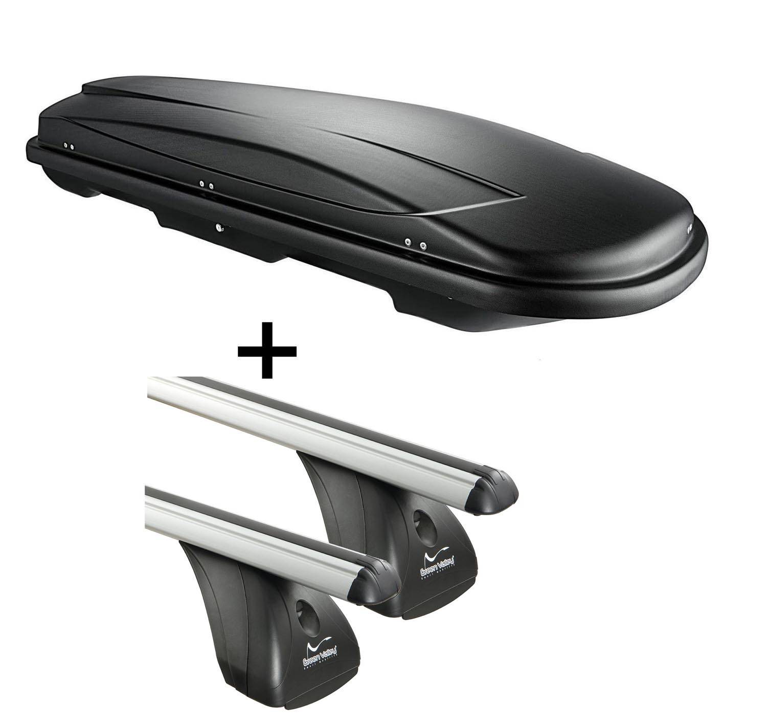 Dachbox VDPJUXT400 400Ltr schwarz abschließbar + Aluminium Dachträger Aurilis VDP kompatibel mit für Peugeot 208 (5Türer) ab 2012