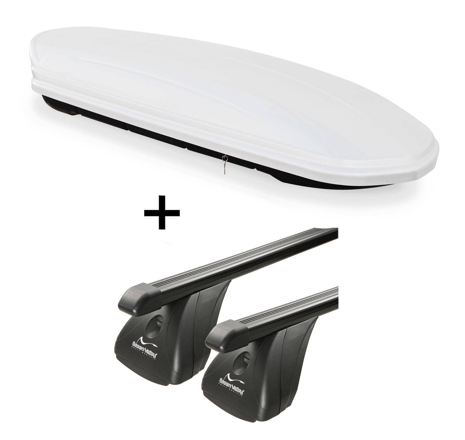 Dachbox VDPMAA460 460Ltr weiß abschließbar + Stahl Dachträger Aurilis VDP kompatibel mit für BMW Serie 3 (E46) (4Türer) 1998-2005