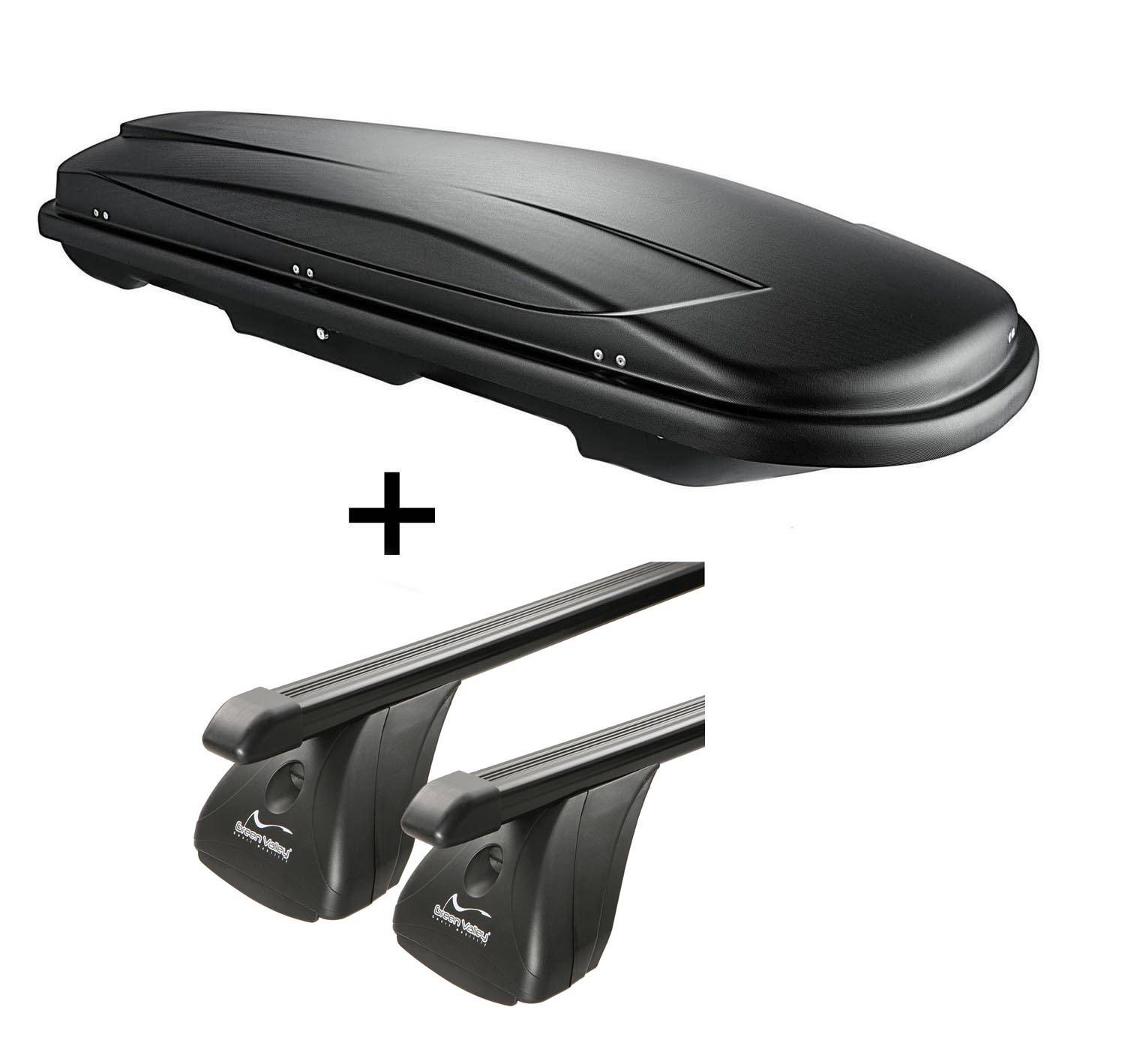 Dachbox VDPJUXT400 400Ltr schwarz abschließbar + Stahl Dachträger Aurilis VDP kompatibel mit für VW Polo IV (5Türer) 2001-2009