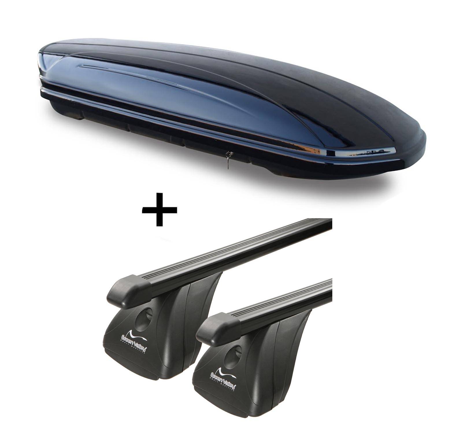 Dachbox VDPMAA580 580Ltr abschließbar schwarz + Stahl Dachträger Aurilis VDP kompatibel mit für Toyota Aygo II (5Türer) ab 2014