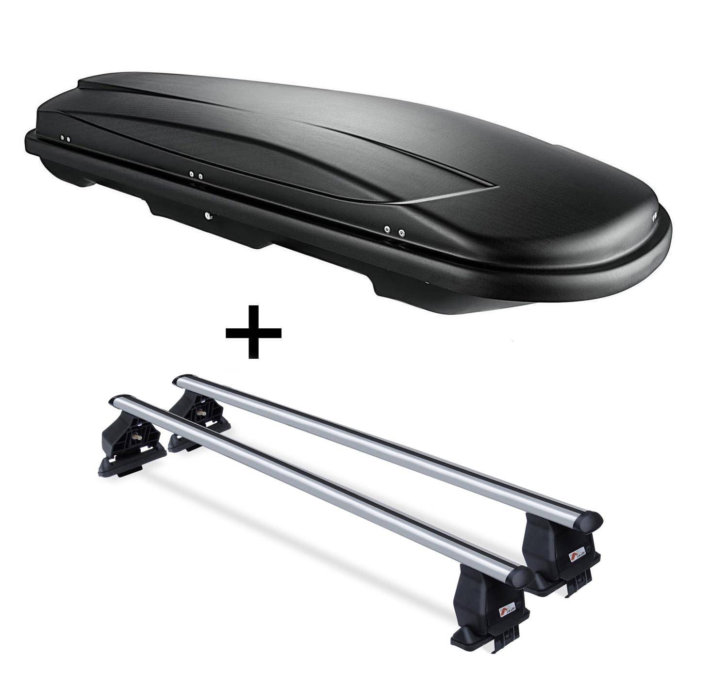 Dachbox VDPJUXT400 400Ltr schwarz abschließbar + Dachträger Menabo TEMA kompatibel mit für Dacia Logan (Limousine 4 Türer) 04-12 Aluminium