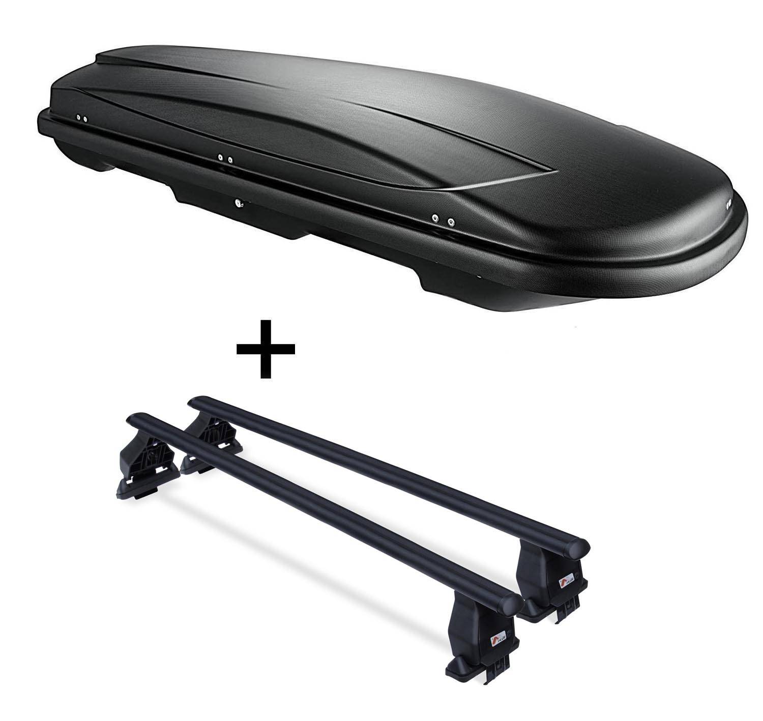 Dachbox VDPJUXT600 600Ltr abschließbar + Dachträger Menabo TEMA kompatibel mit für Renault Megane III (5 Türer) 2008-2016