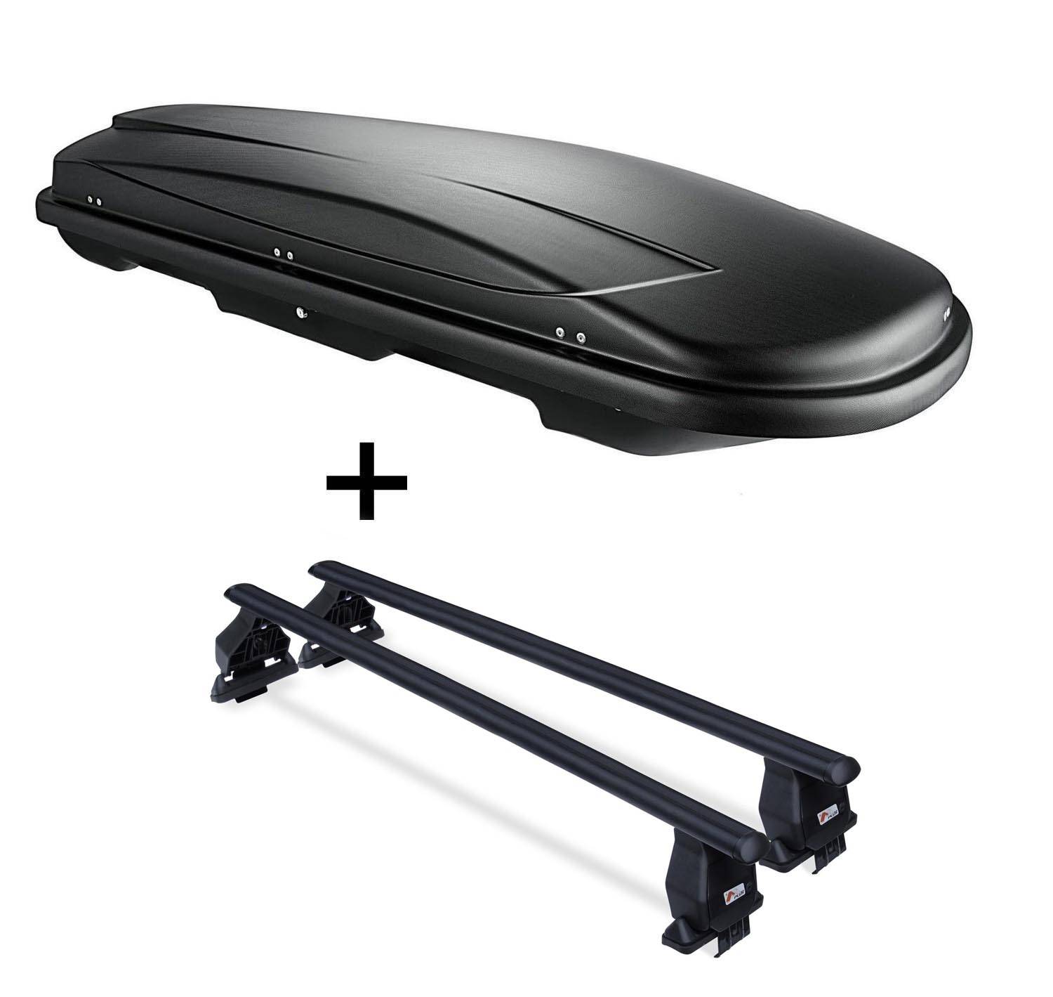 Dachbox VDPJUXT400 400Ltr schwarz abschließbar + Dachträger Menabo TEMA kompatibel mit für Renault Megane IV Grand Coupé (4 Türer) ab 2017