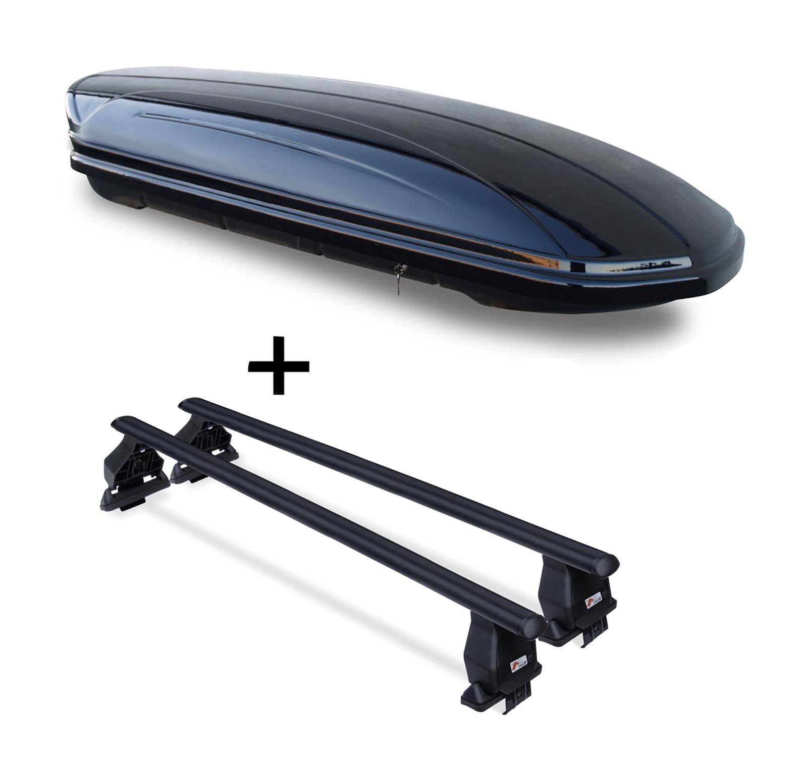 Dachgepäckbox und Quergepäckträger-Set; schwarze Gepäckbox mit elegantem Design, gepaart mit robusten schwarzen Quergepäckträgern zur Fahrzeugdachinstallation.