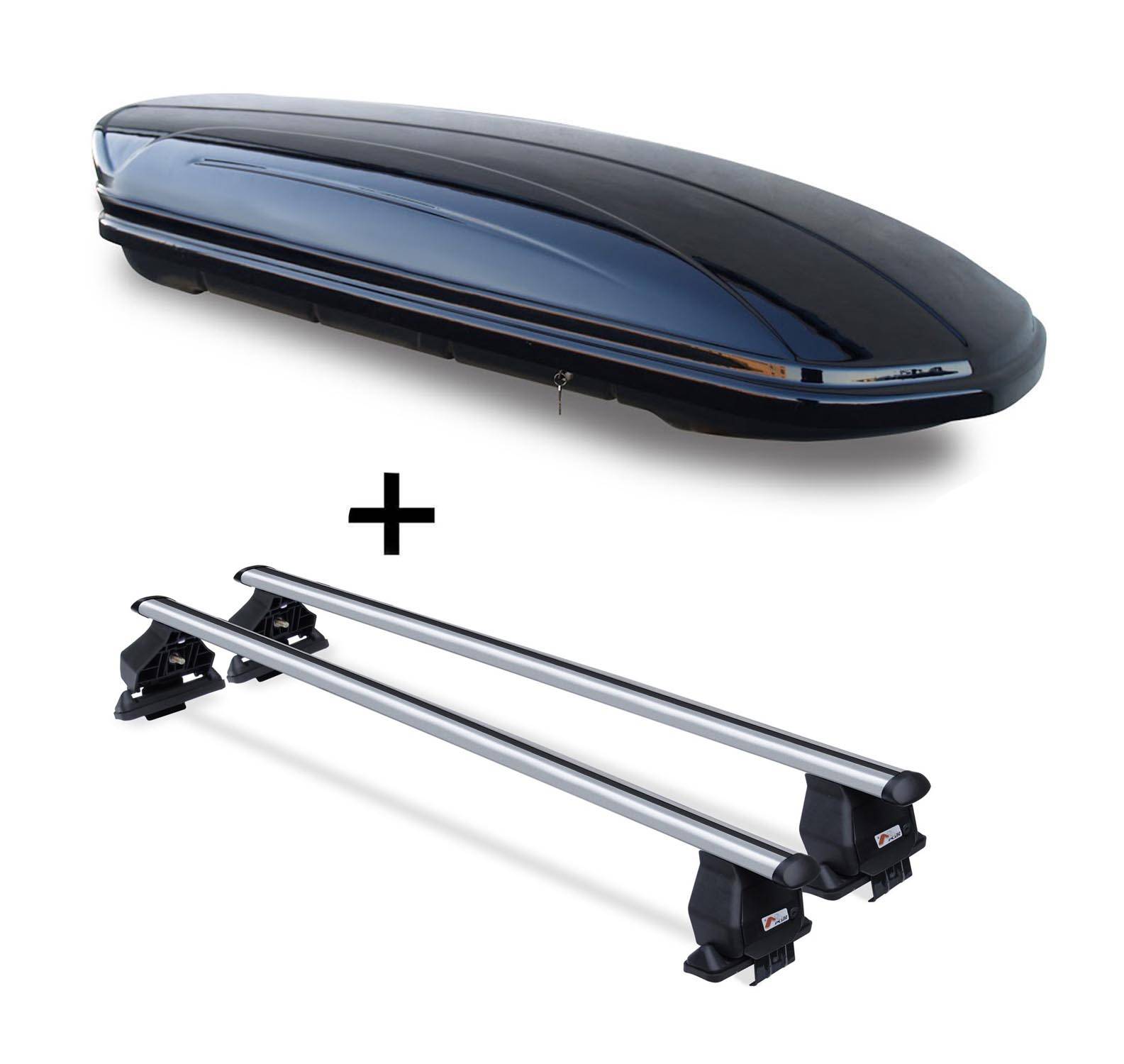 Dachbox VDPMAA460 460Ltr schwarz glänzend abschließbar + Dachträger Menabo TEMA kompatibel mit für Subaru Outback V ab 2015 Aluminium