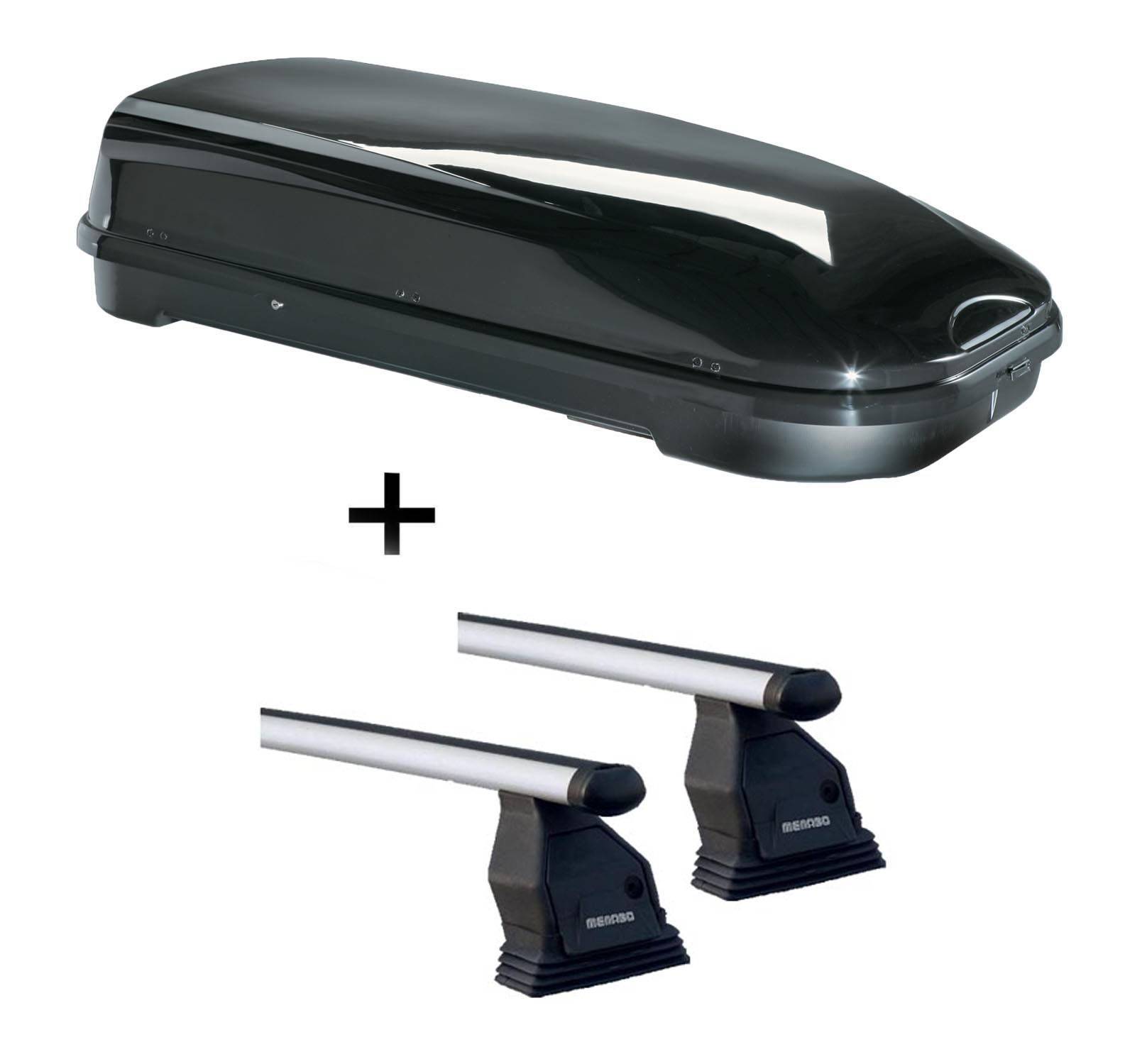 Dachbox VDPFL580 schwarz glänzend 580 Ltr + Aluminium Dachträger Menabo Tema kompatibel mit für Mercedes CLA (C117 CoupÃÂ© 4 Türer) ab 2013