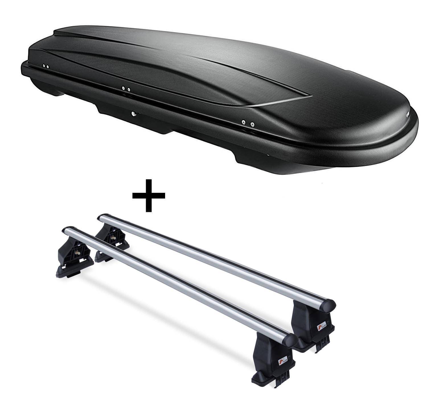 Dachbox VDPJUXT600 600Ltr abschließbar + Dachträger Menabo TEMA kompatibel mit für Mazda 3 (5 Türer) ab 2014 Aluminium