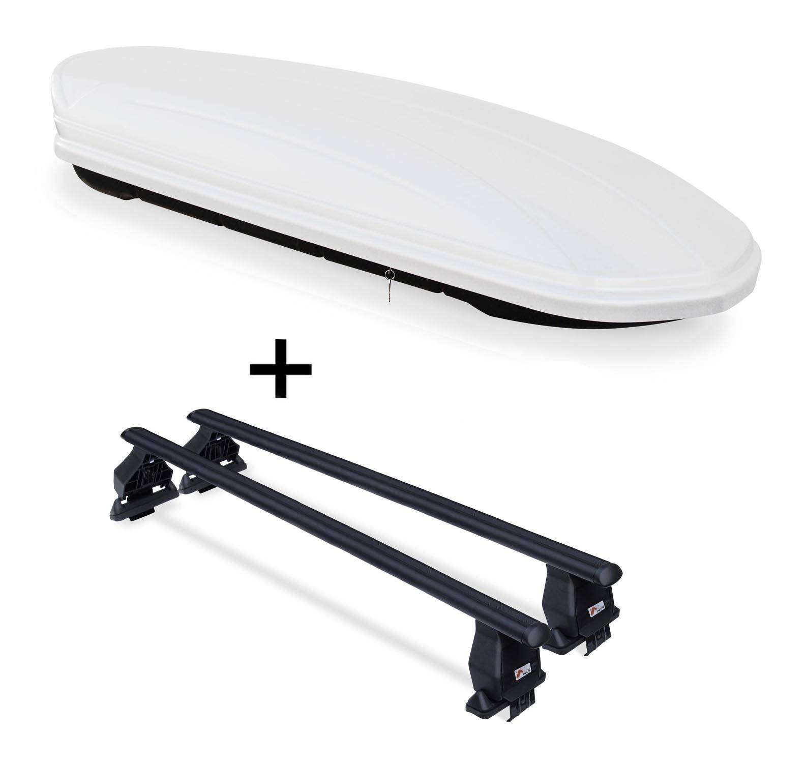 Dachbox VDPMAA460 460Ltr weiß abschließbar + Dachträger Menabo TEMA kompatibel mit für Hyundai Tucson TL (5 Türer) ab 2015