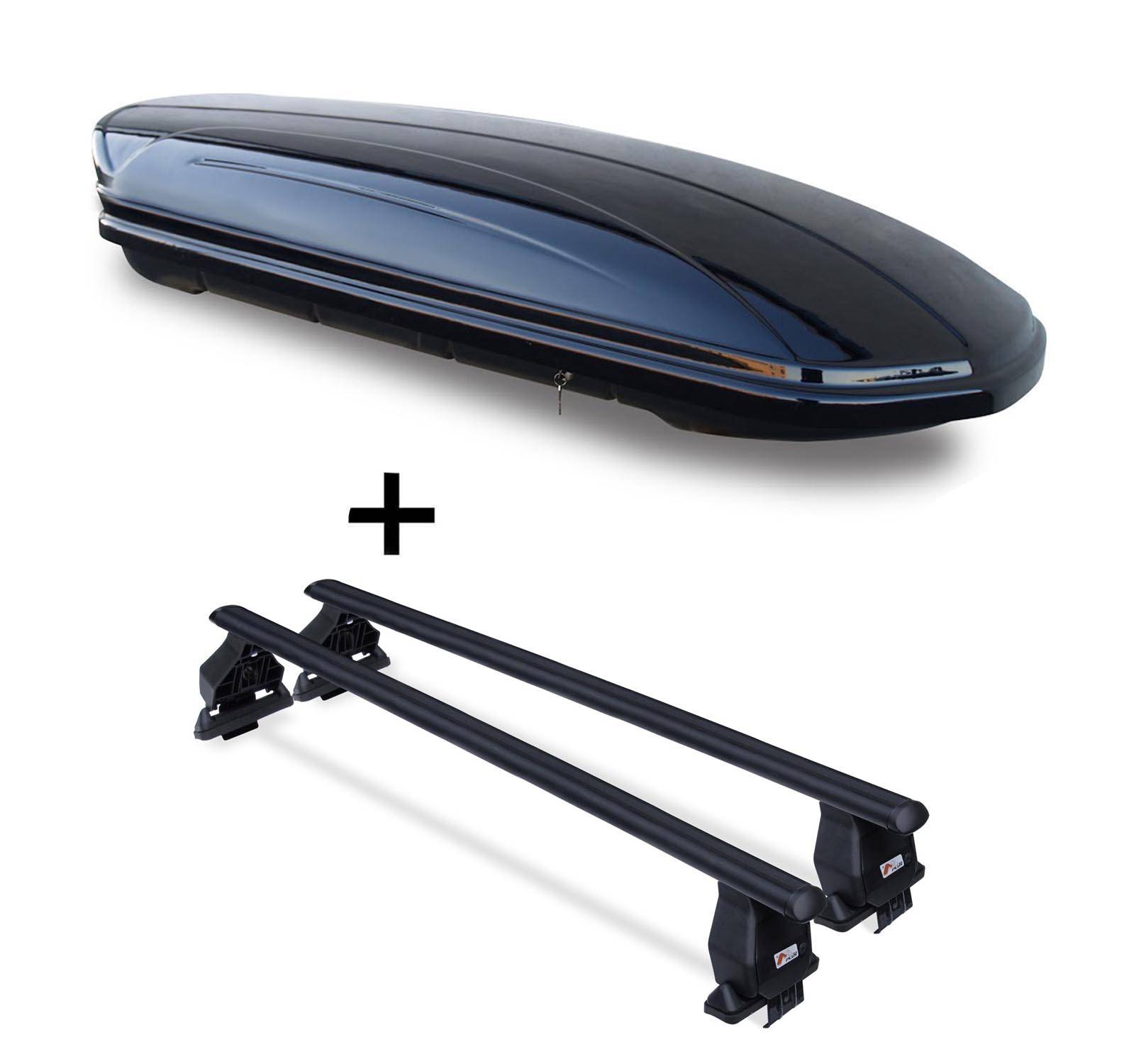 Dachbox VDPMAA460 460Ltr schwarz glänzend abschließbar + Dachträger Menabo TEMA kompatibel mit für Subaru Outback V ab 2015 Stahl