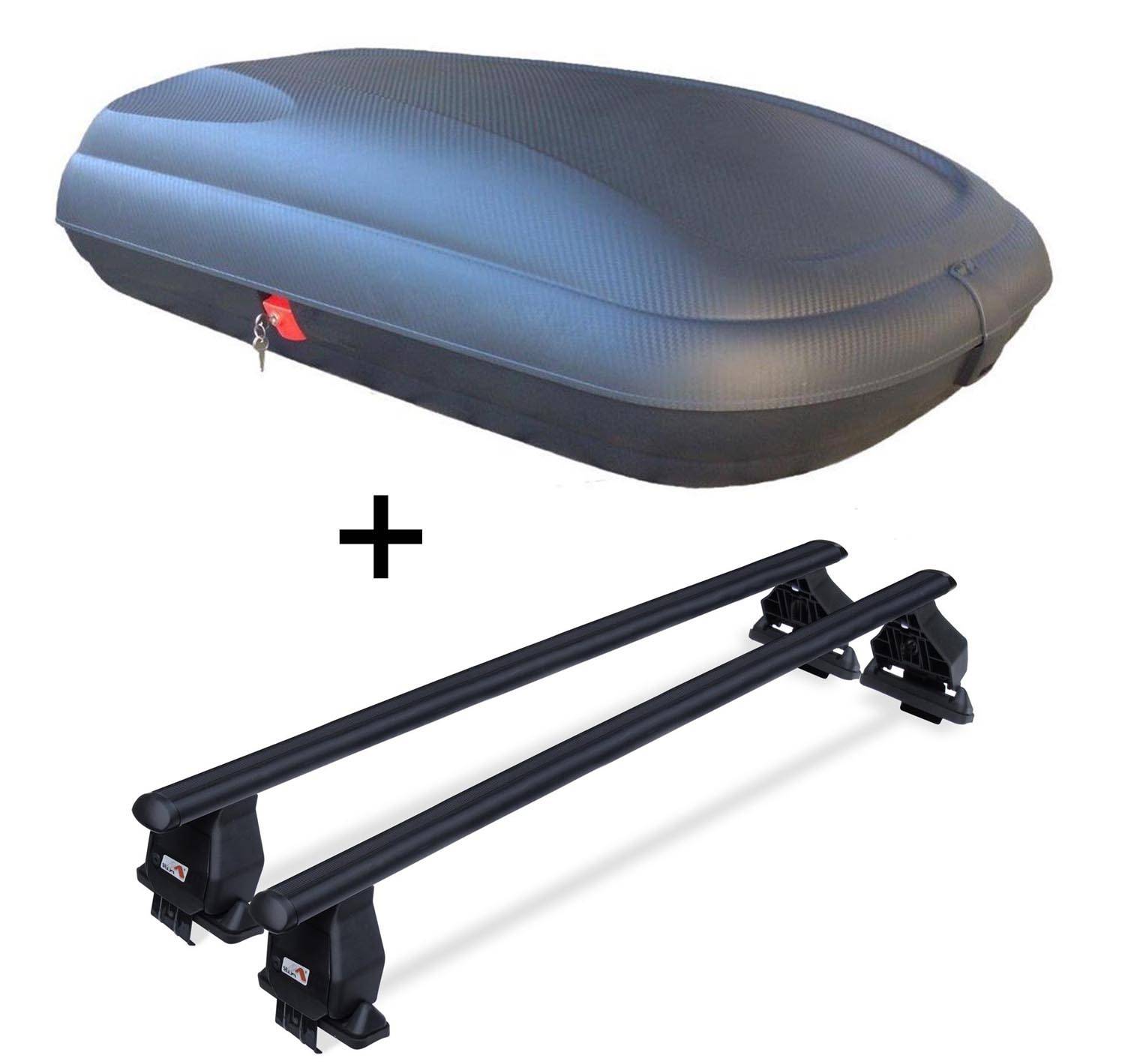 Ein Dachgepäckboxen- und Querstangenset. Die Gepäckbox ist elegant, schwarz und abschließbar. Die Querstangen sind robust und für die Montage auf dem Fahrzeugdach ausgelegt.