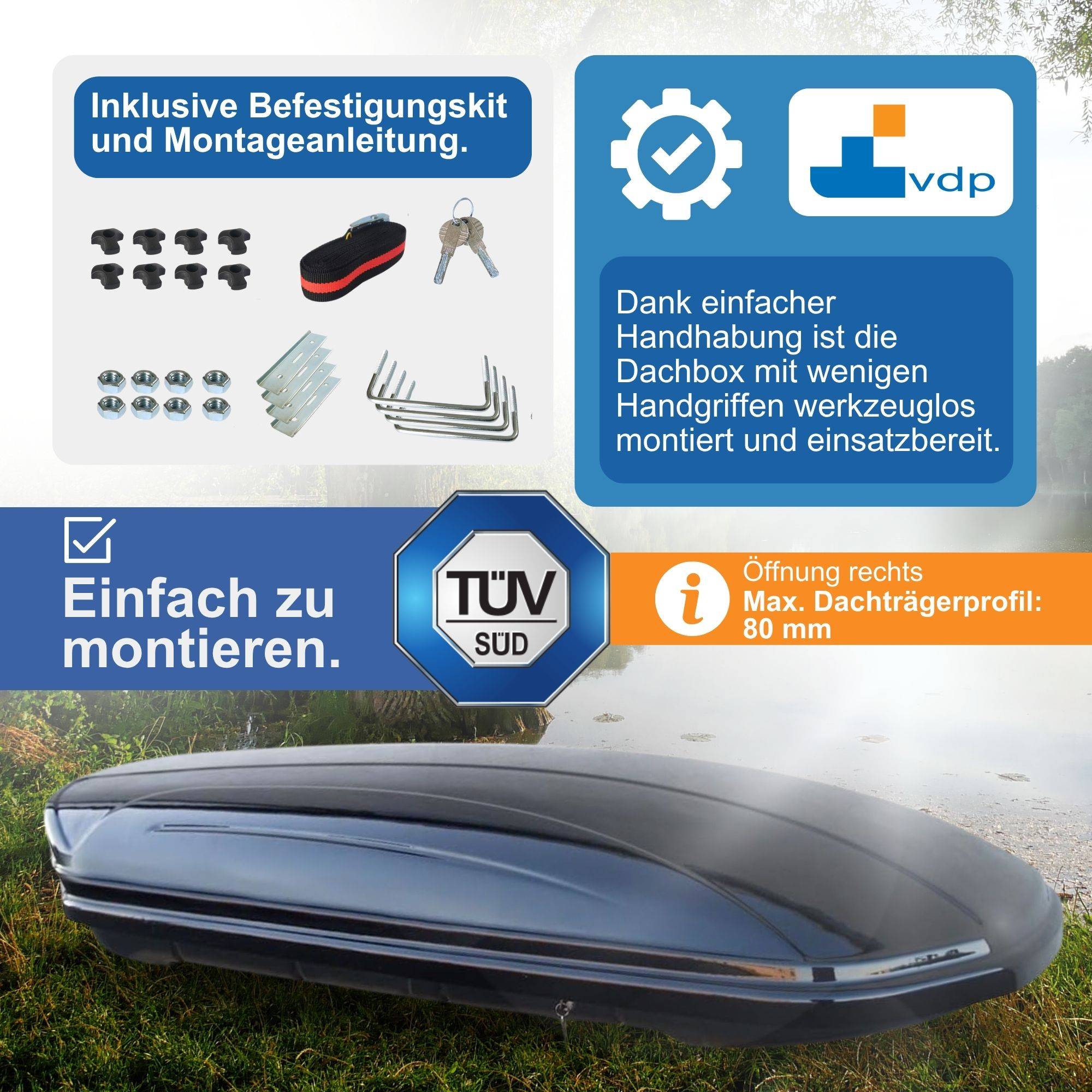 Dachbox MAA460 schwarz glänzend 460 Ltr + Aluminium Dachträger Menabo Tema kompatibel mit für Renault Clio Campus (Steilheck 5 Türer) 05-12