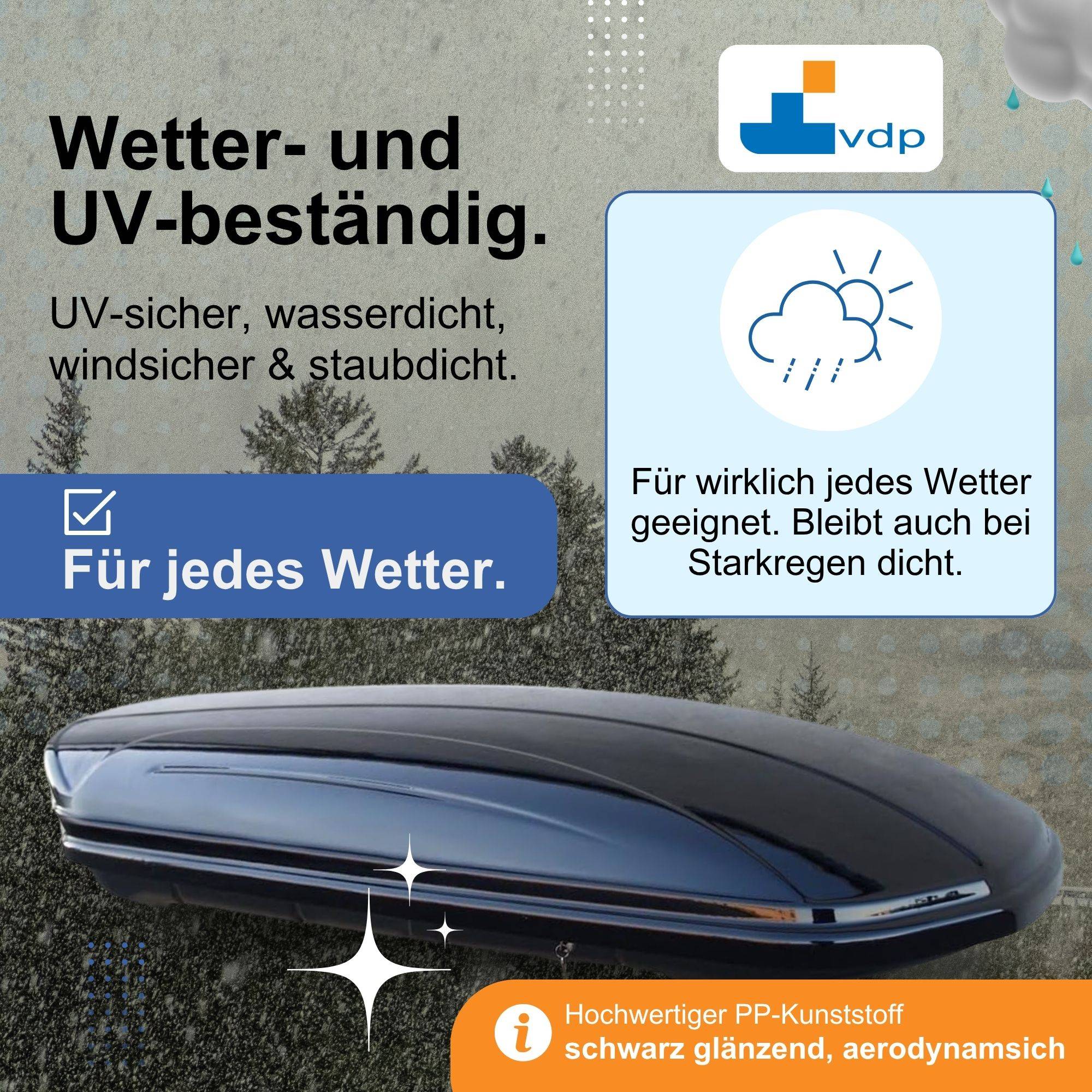 VDP Skibox schwarz MAA460 460 Liter abschließbar + Relingträger Quick aufliegende Reling im Set kompatibel mit für Ford Focus III Kombi ab 2011