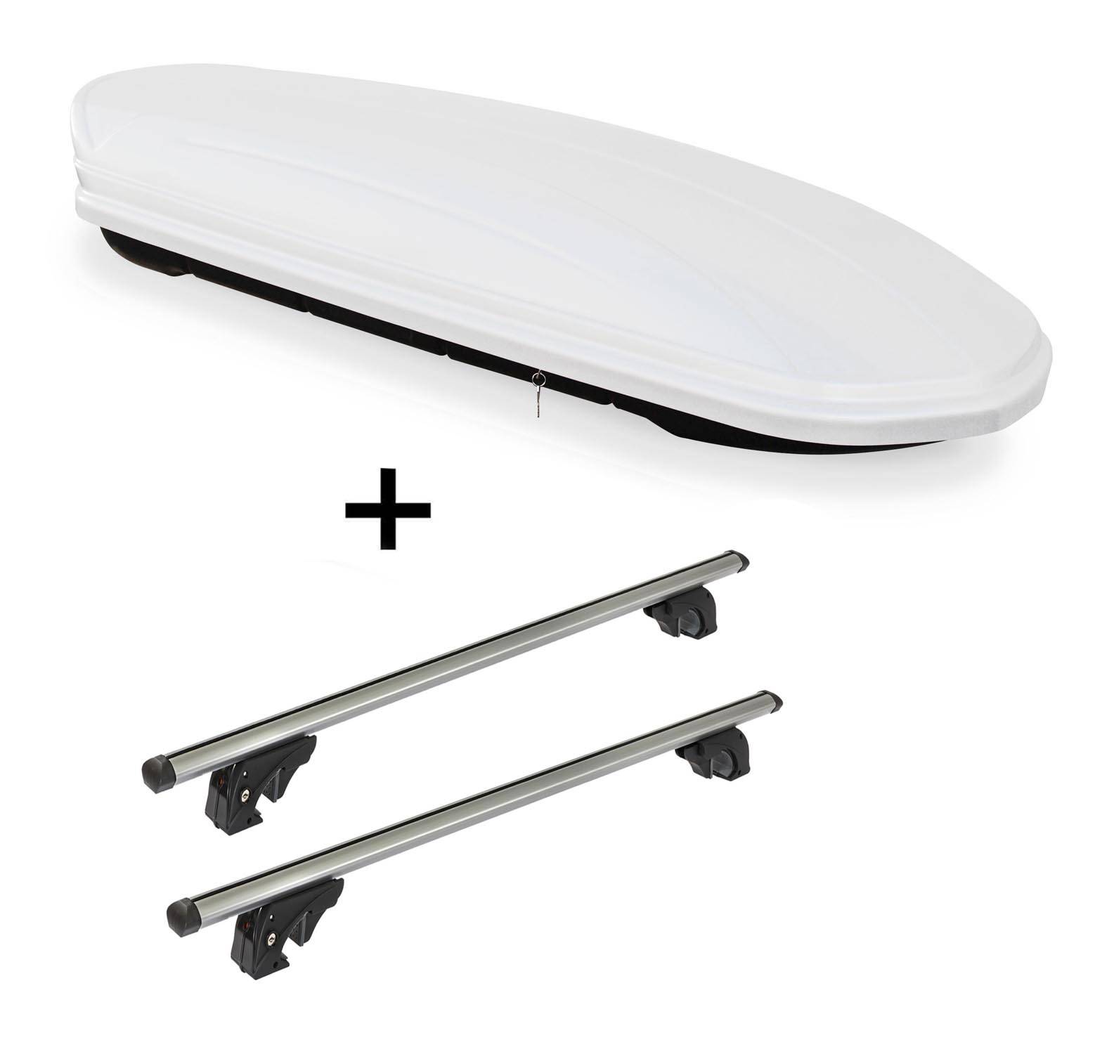 Dachbox VDPMAA460 460Ltr weiß abschließbar + Dachträger/Relingträger VDP LION1 kompatibel mit für Audi A6 (4B/C5) Allroad (5 Türer) 99-05