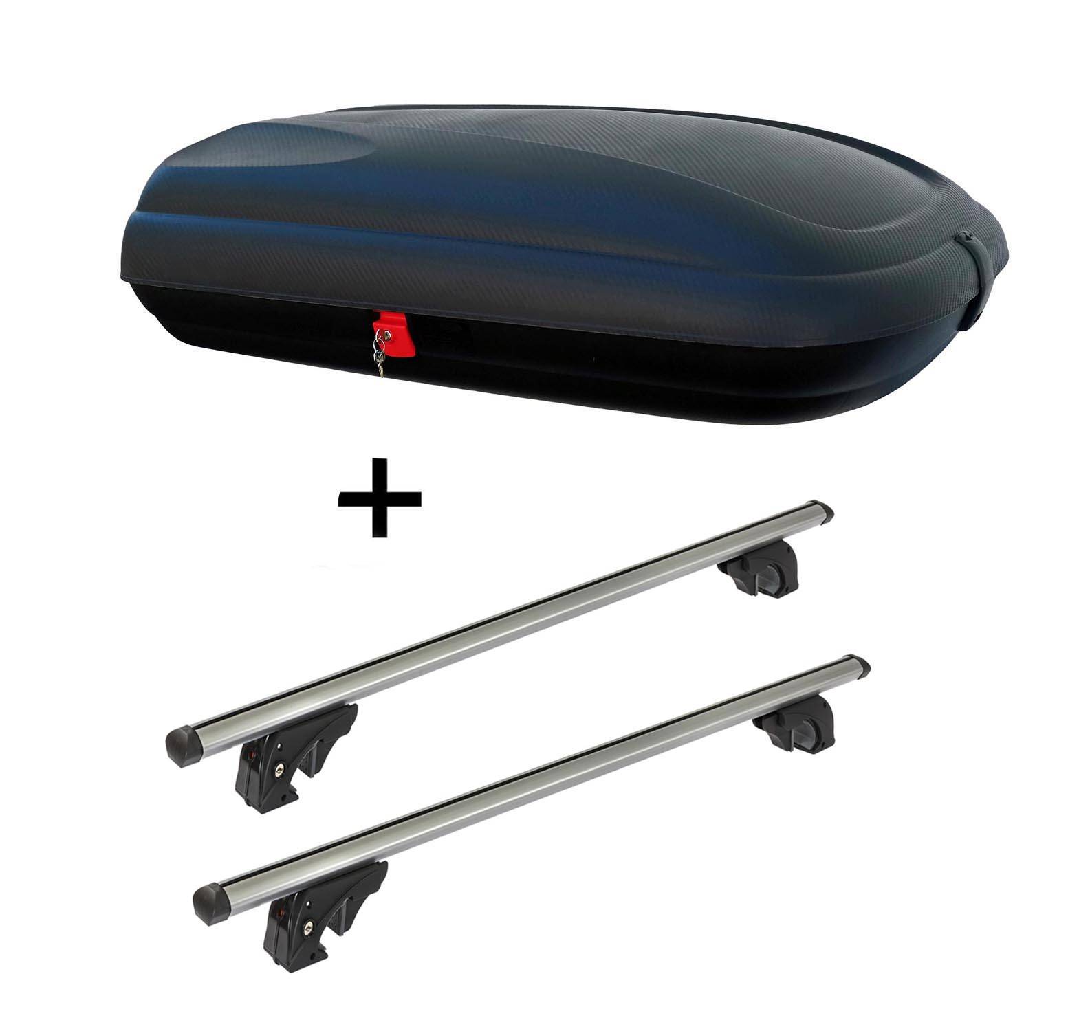 Dachbox VDPBA320 320Ltr carbonlook abschließbar + Dachträger VDPLION1 kompatibel mit Bmw Serie 5 (E39) Touring (5 Türer) 95-04