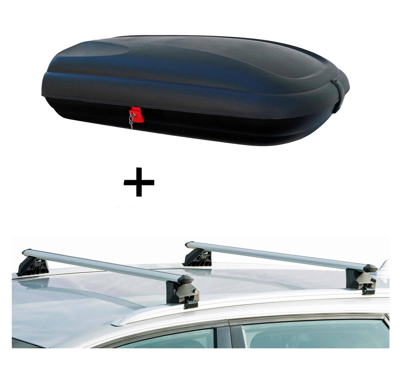 Dachbox BA320 carbonlook + Relingträger CRV107A kompatibel mit für Dacia Lodgy 5 Türer ab 2012