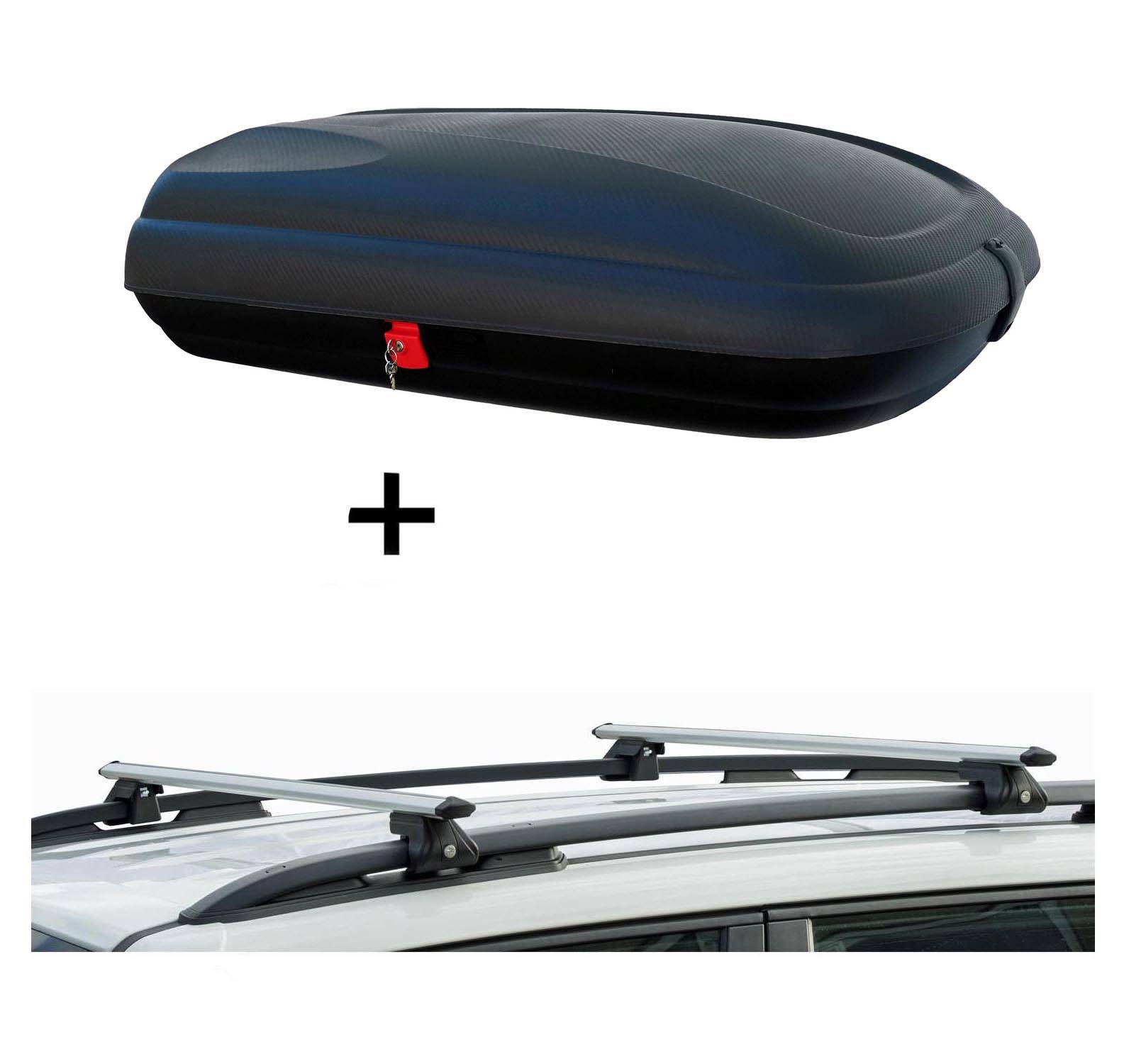 Dachbox BA320 carbonlook + Relingträger CRV135 kompatibel mit für VW Tiguan ab 16