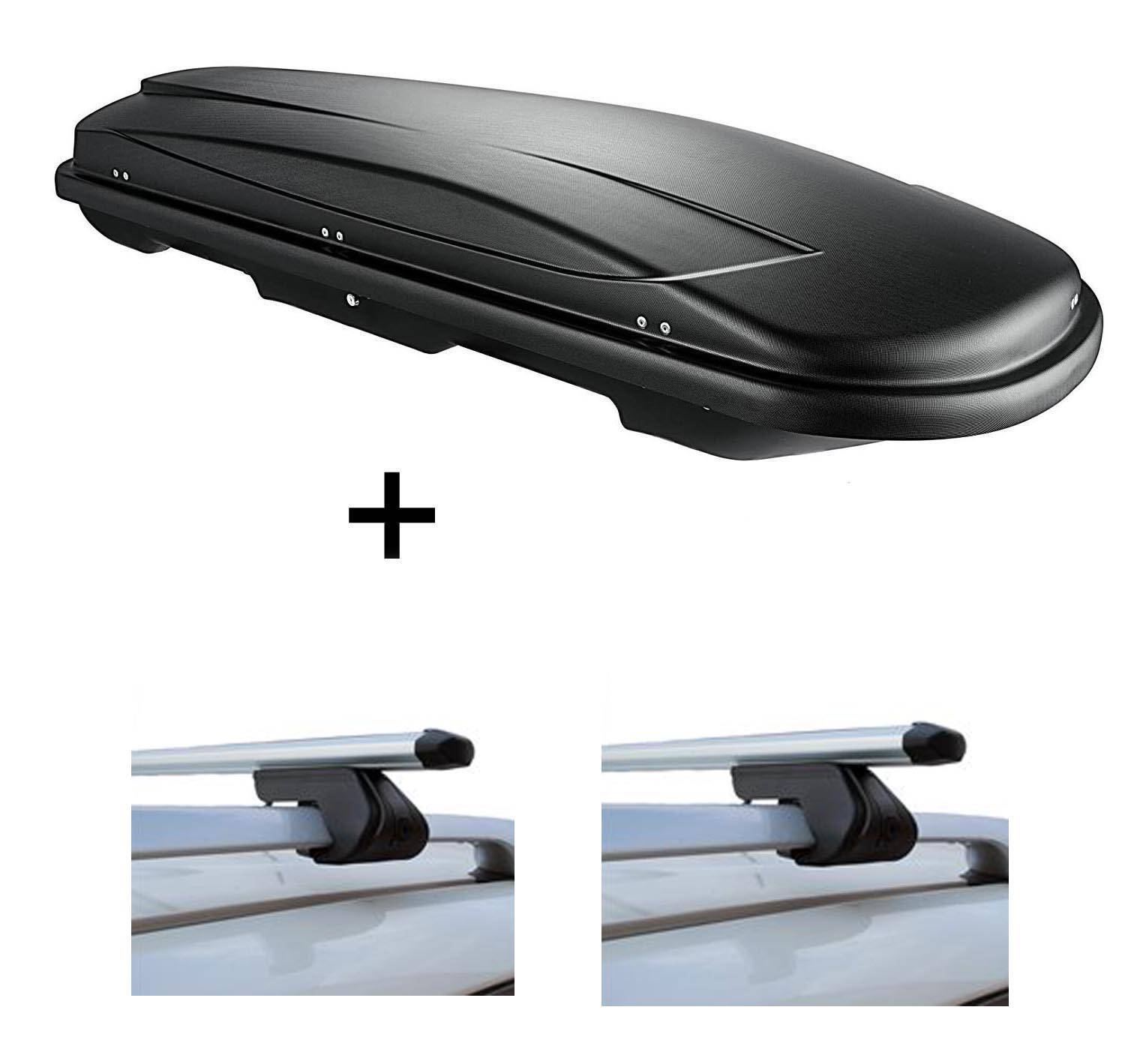 Dachbox VDPJUXT600 600Ltr abschließbar + Dachträger CRV107A kompatibel mit für Volvo V60 (5 Türer) ab 2010