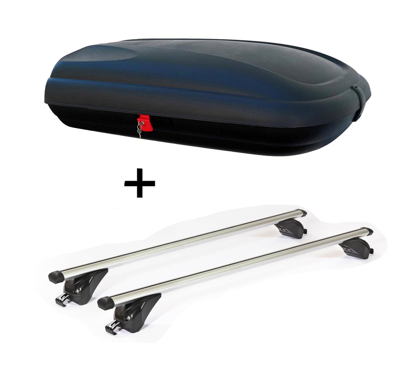 Dachbox VDPBA320 320Ltr carbonlook abschließbar + Dachträger/Relingträger VDP KING1 kompatibel mit für Volvo XC40 (5 Türer) ab 18