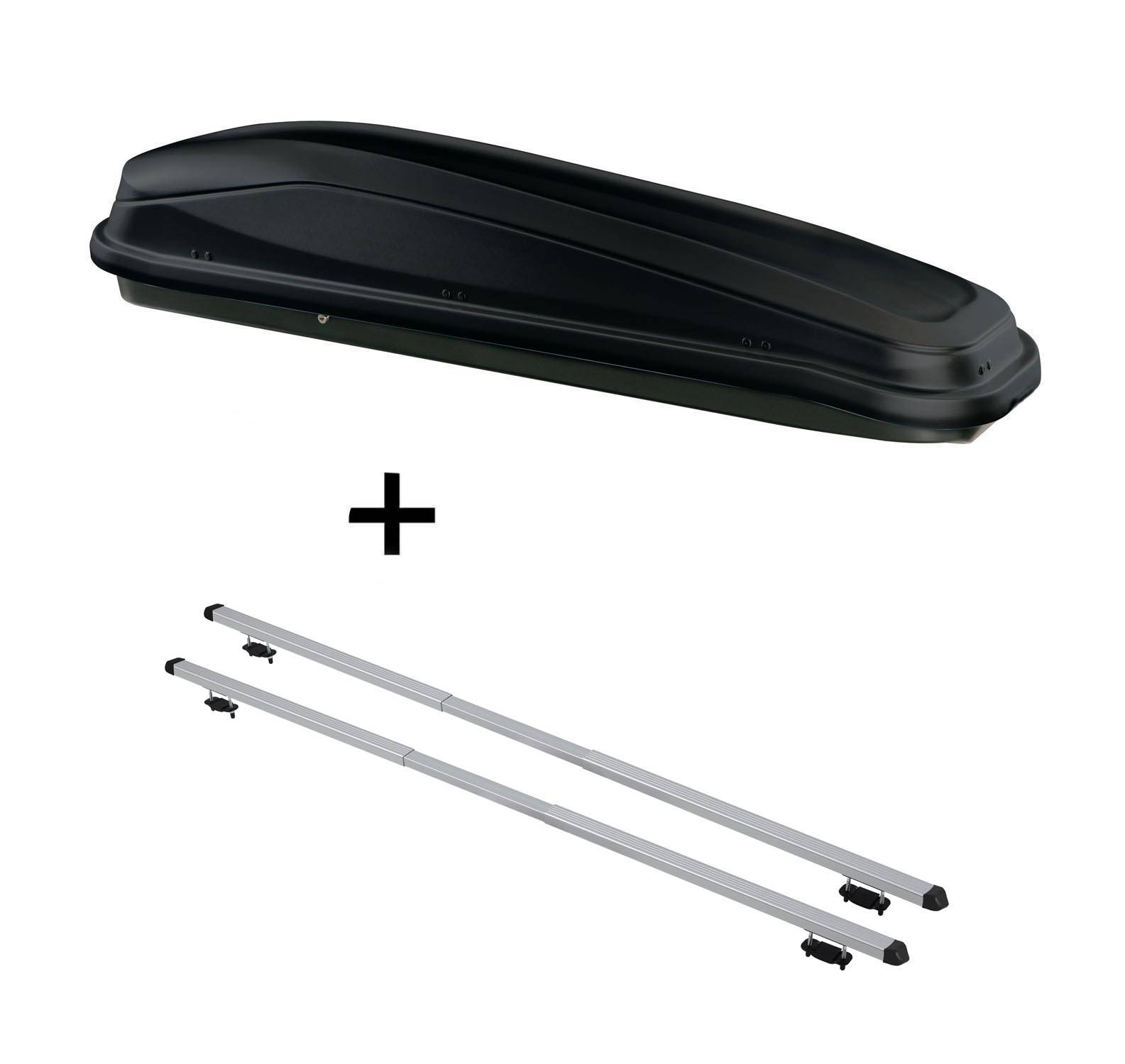 Eine schwarze Dachbox für ein Auto, die oben auf zwei silbernen Dachträgern abgebildet ist, dargestellt als ein Set mit einem Pluszeichen dazwischen.