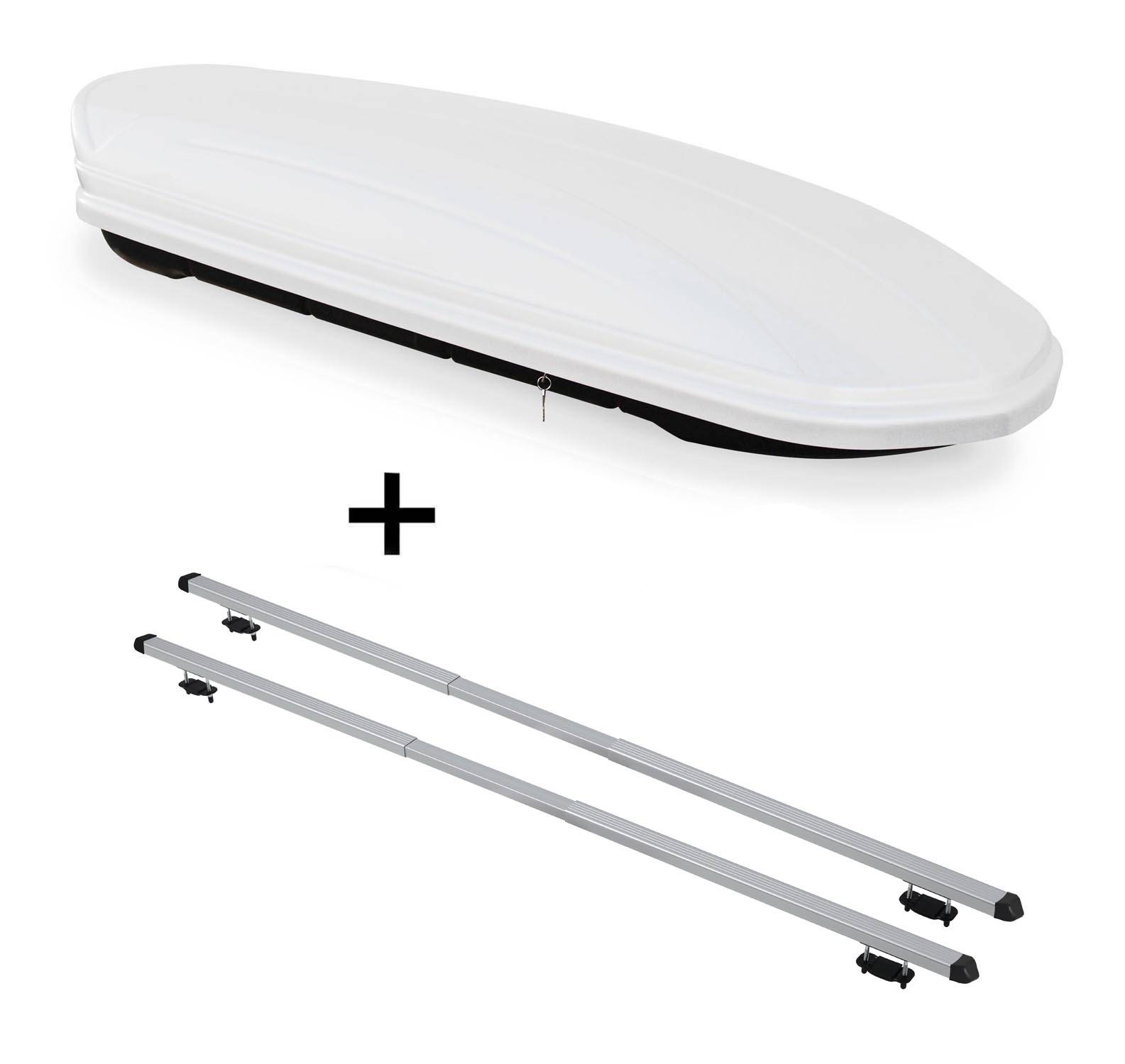 Dachbox VDPMAA460 460Ltr weiß abschließbar + Dachträger RAPID kompatibel mit für Fiat Panda III Cross (5Türer) ab 14