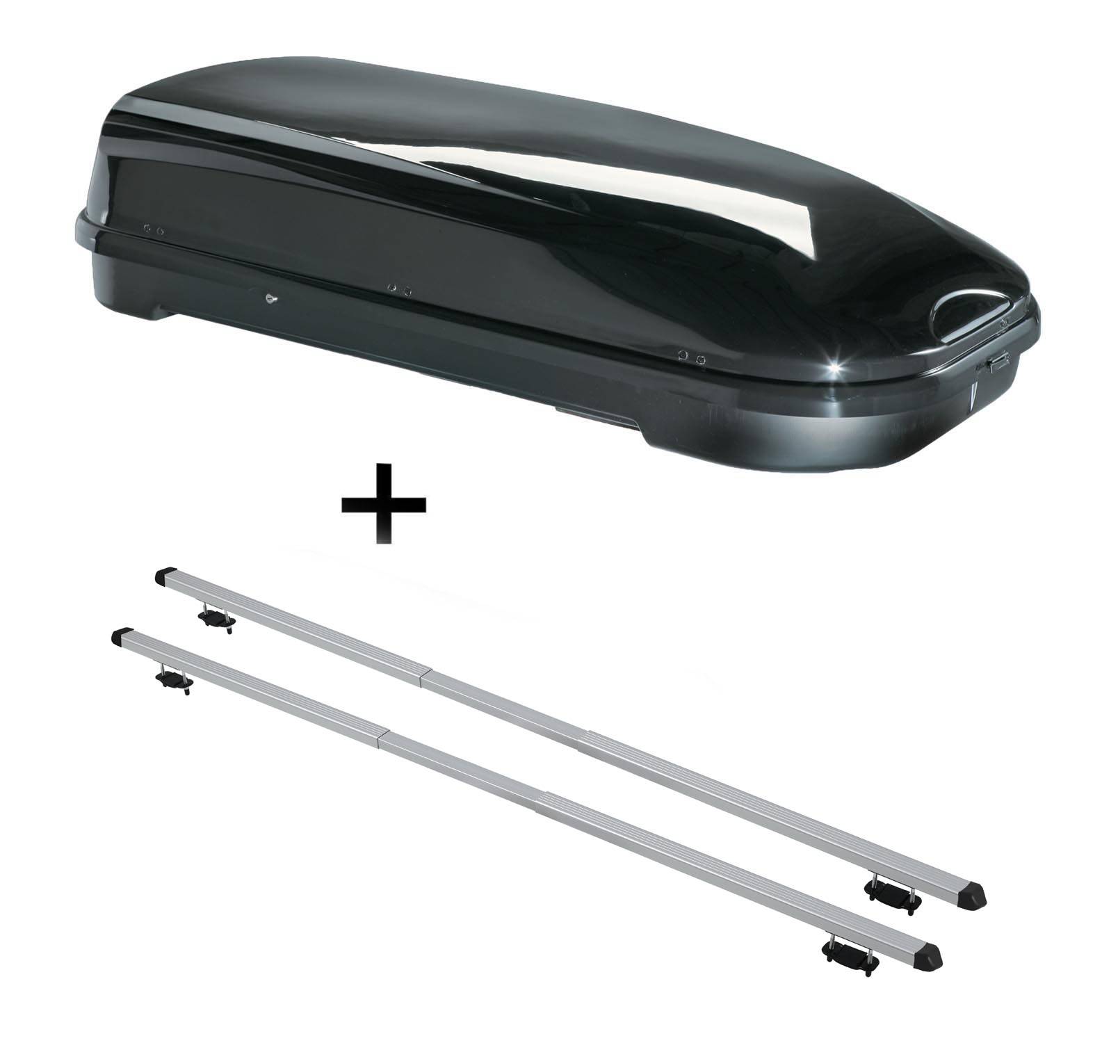 Dachbox VDPFL580 580Ltr schwarz glänzend + Dachträger RAPID kompatibel mit für Renault Clio III Sporter (5Türer) 07-12