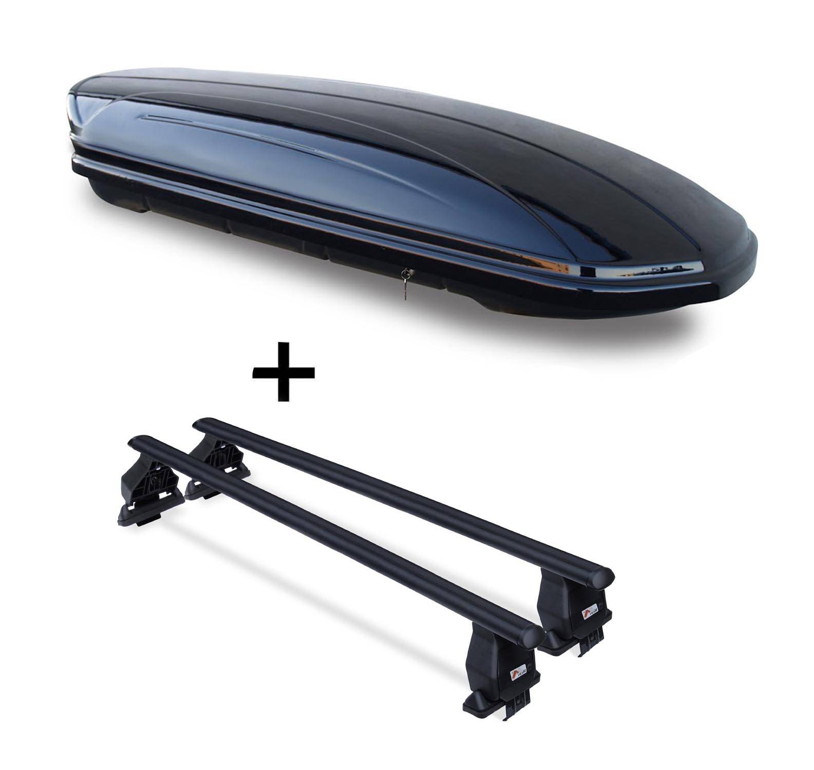 Dachbox VDPMAA580 580Ltr abschließbar schwarz + Stahl Dachträger Menabo Tema kompatibel mit für VW Passat (B8) Alltrack (5 Türer) ab 19
