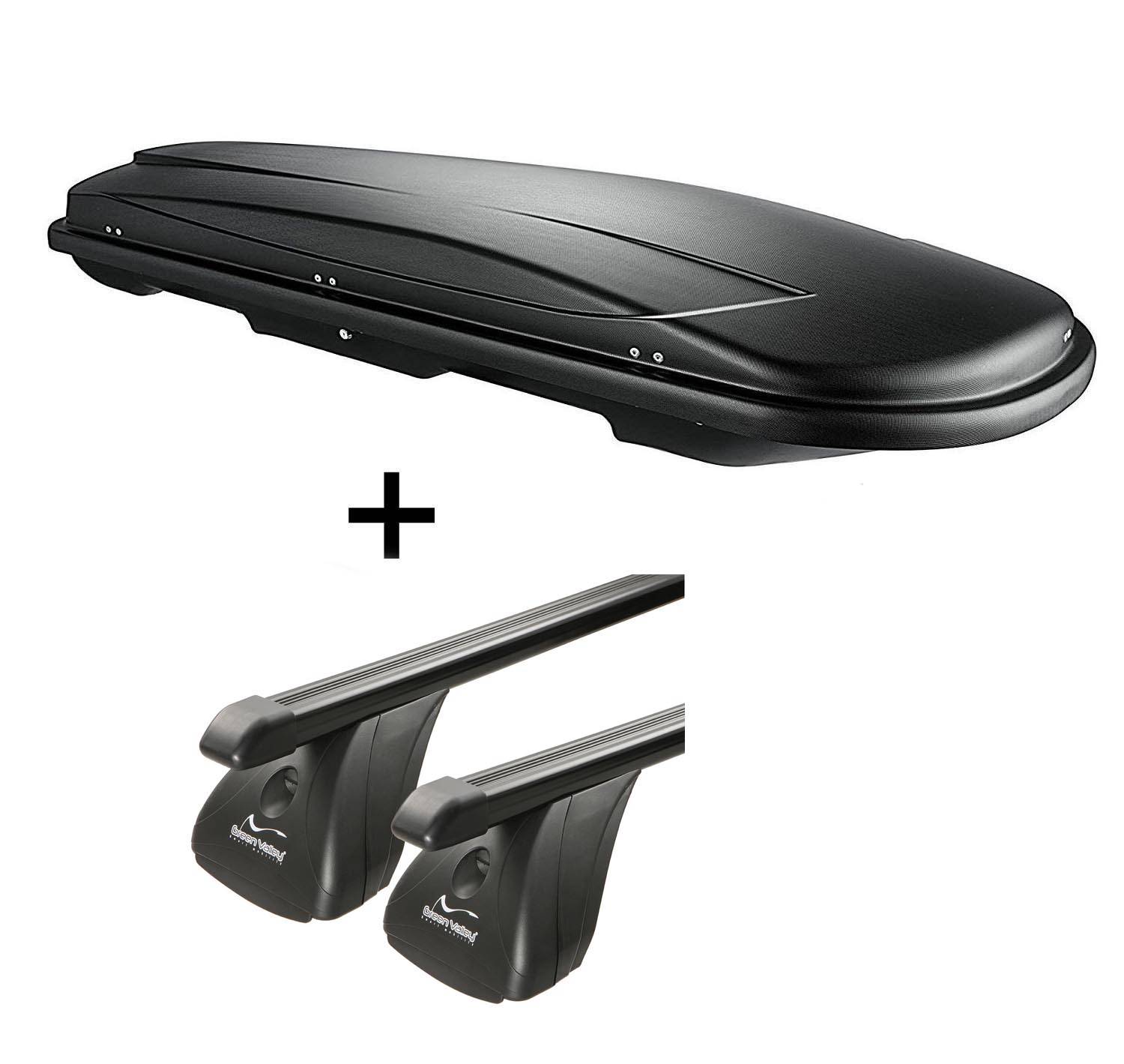 Schwarze Dachbox mit Befestigungsmaterial unten dargestellt. Beinhaltet Schienen und Halterungen zur Fahrzeuganbringung.