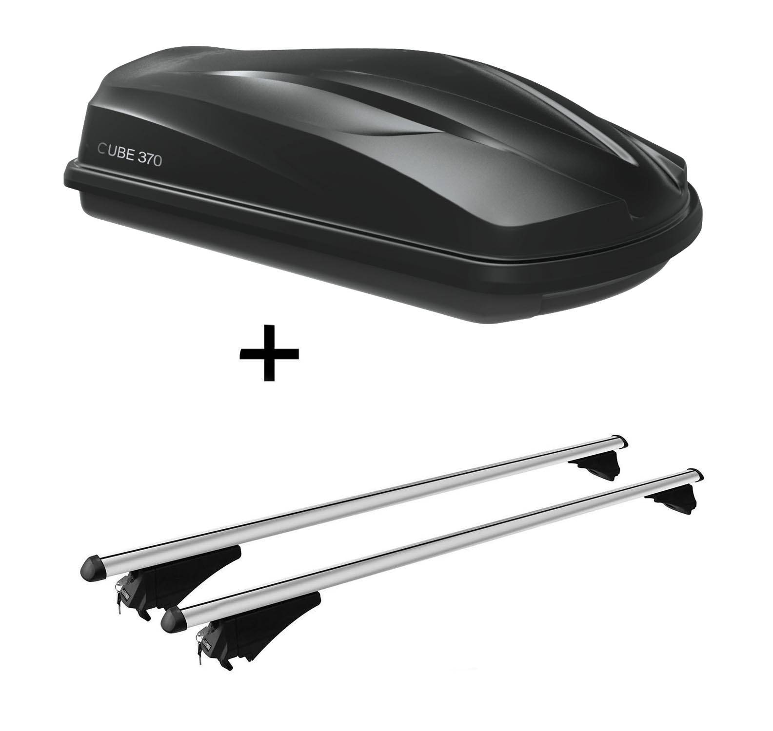 Dachbox/Gepäckbox CUBE370 + Relingträger Tiger XL kompatibel mit für Kia Sportage (SL) ab 10