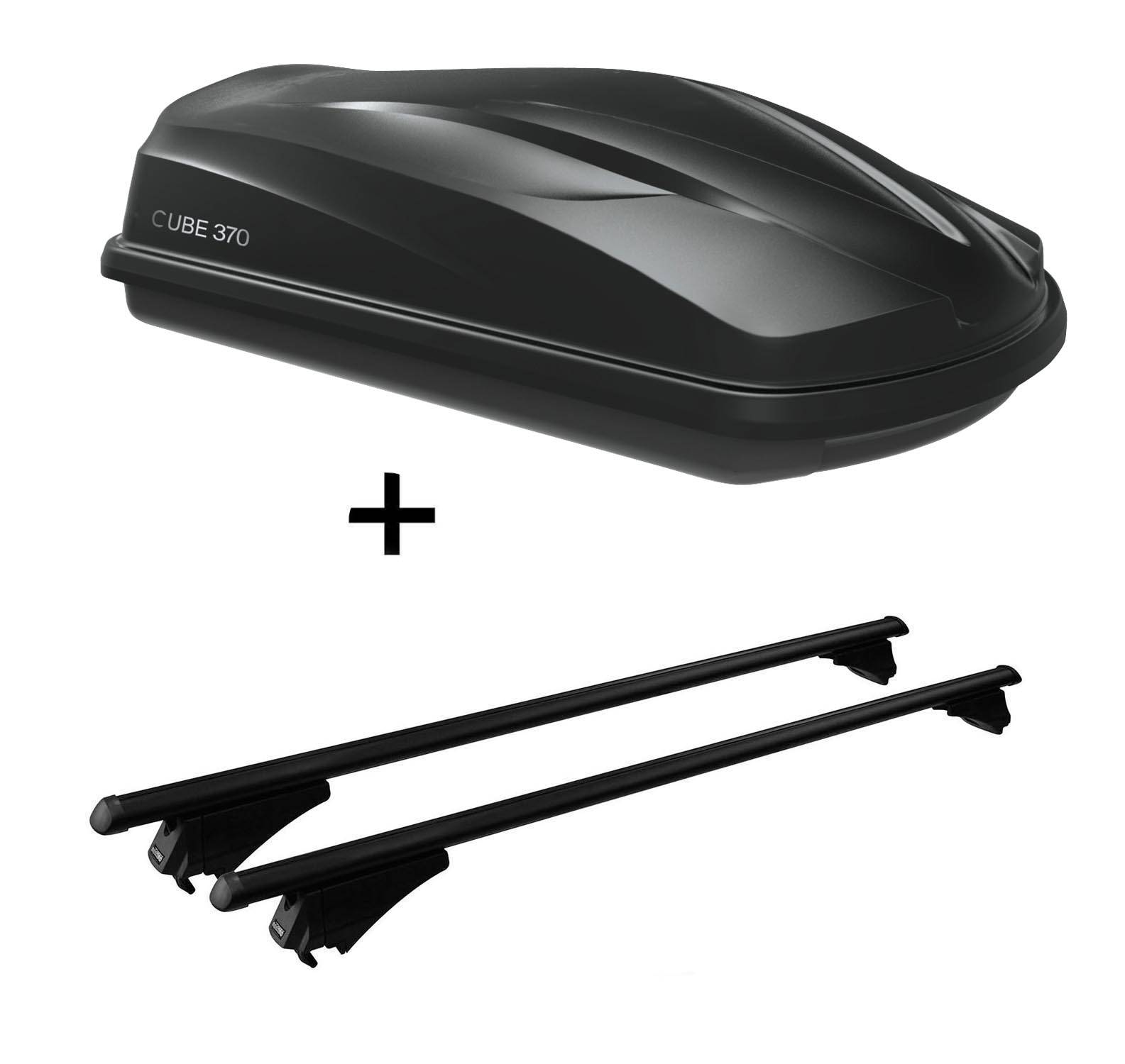 Dachbox/Gepäckbox CUBE370 + Relingträger Tiger Alu L kompatibel mit für Opel Astra Kombi 01-11