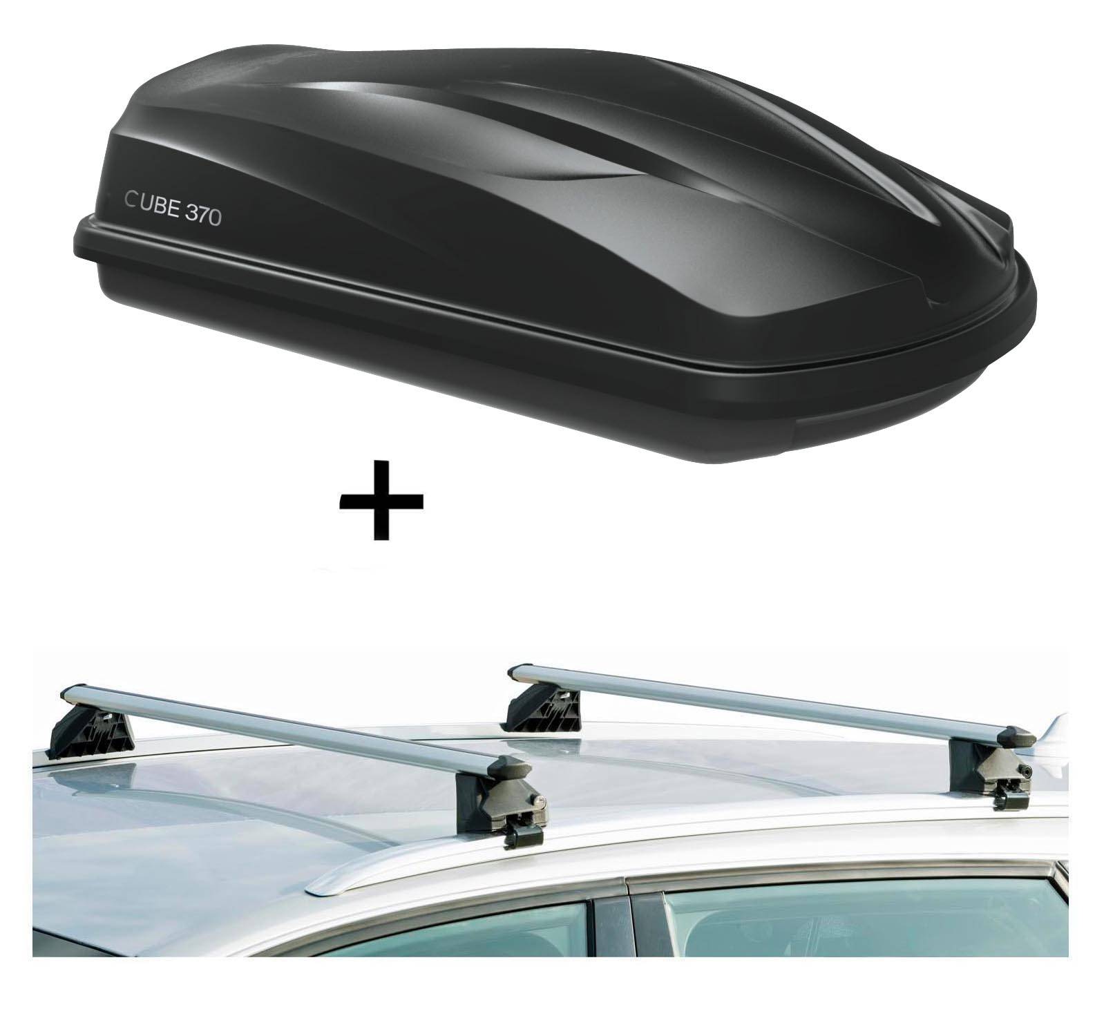 Dachbox/Gepäckbox CUBE370 + Relingträger CRV107A kompatibel mit für Ford Focus III SW 5 Türer ab 2011