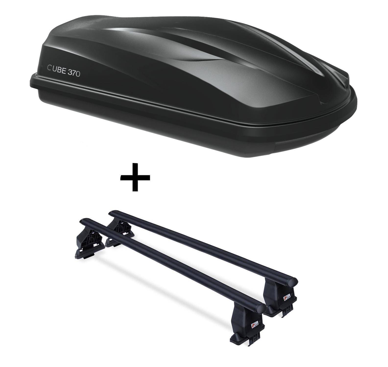 Dachbox/Gepäckbox CUBE370 + Dachträger Menabo Tema Stahl kompatibel mit für Audi A3 (3Türer) 2004-2012