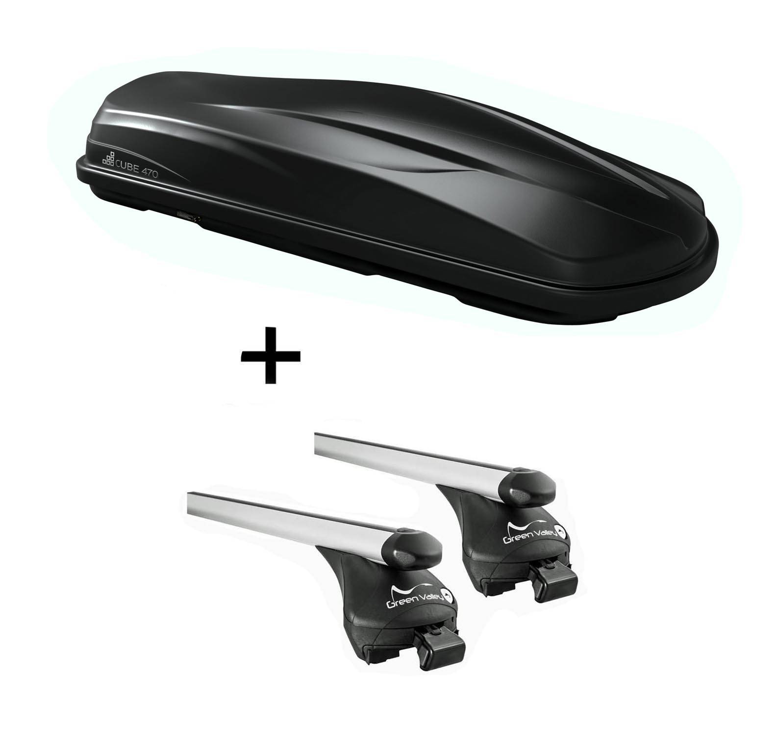 Dachbox/Gepäckbox CUBE470 + Relingträger Quick XL kompatibel mit für Ford Connect (Transit) ab 2014
