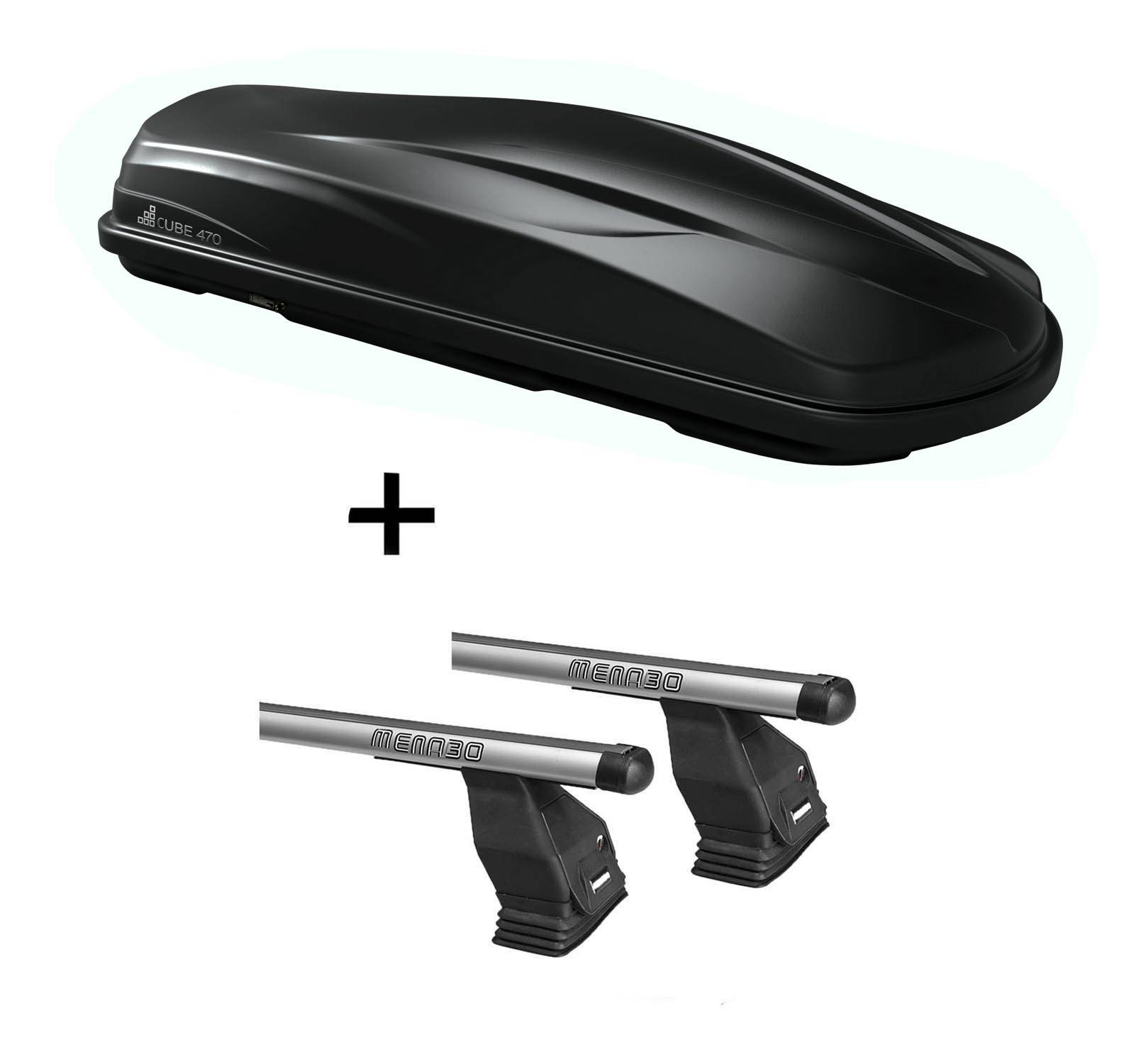 UBE 470' schwarzer Dachkoffer mit aerodynamischem Design, der über zwei Dachquerträgern gezeigt wird und damit seine Kompatibilität und Installationsmöglichkeit demonstriert.