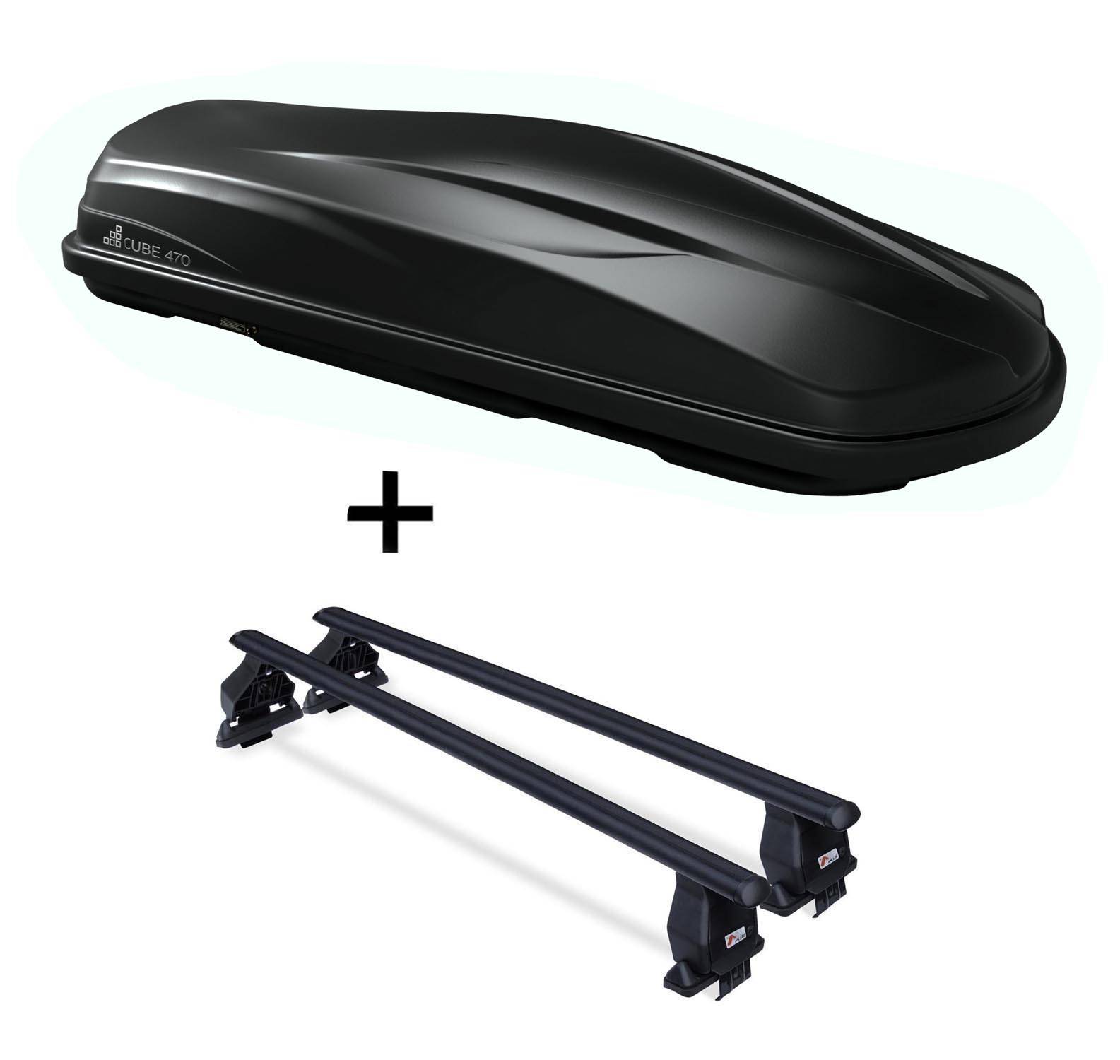 Dachbox/Gepäckbox CUBE470 + Dachträger Menabo Tema Stahl kompatibel mit für Renault Scenic IV (5 Türer) ab 2017