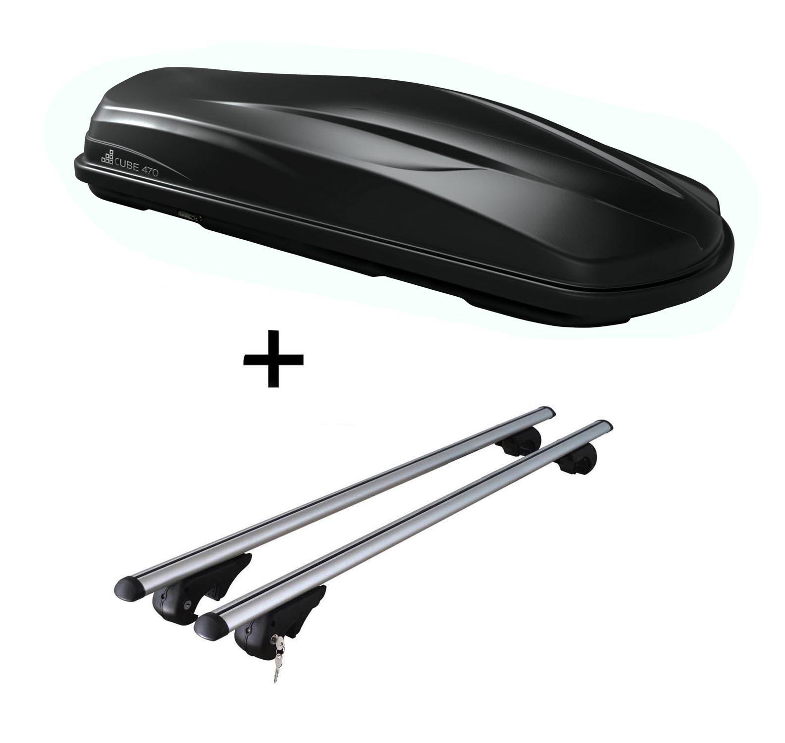 Dachbox/Gepäckbox CUBE470 + Relingträger Rio 135 kompatibel mit für VW Tiguan Cross ab 14