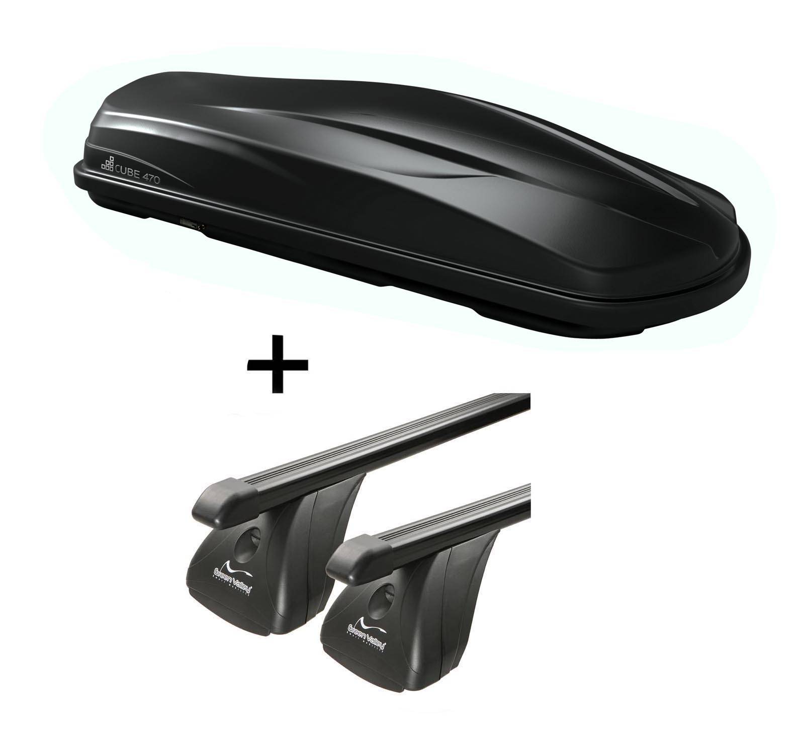 Dachbox/Gepäckbox CUBE470 + Dachträger VDP Stahl kompatibel mit für Mercedes CLS 4 Türer 2004-2010