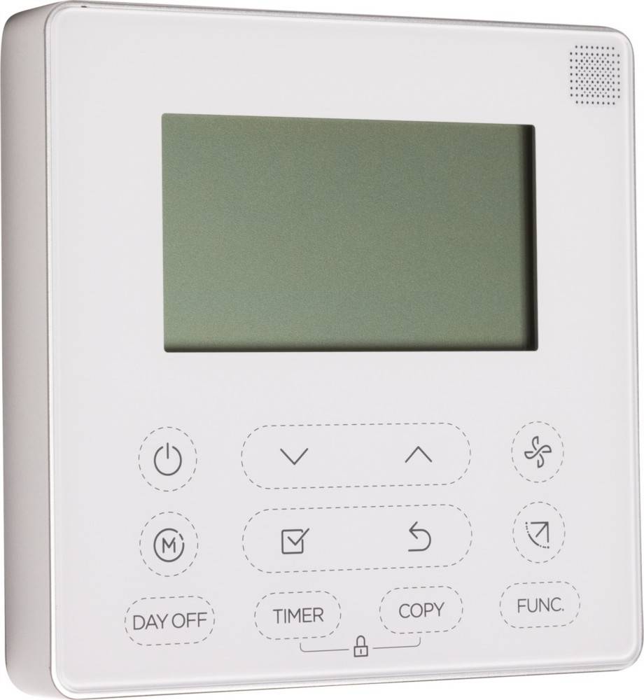 Ein digitales Thermostat mit einer leeren Anzeige, ausgestattet mit Tasten für ‚URLAUBSTAG', ‚TIMER', ‚KOPIEREN' und ‚FUNKTION' sowie Steuerungspfeilen und einem Lüfter-Symbol.