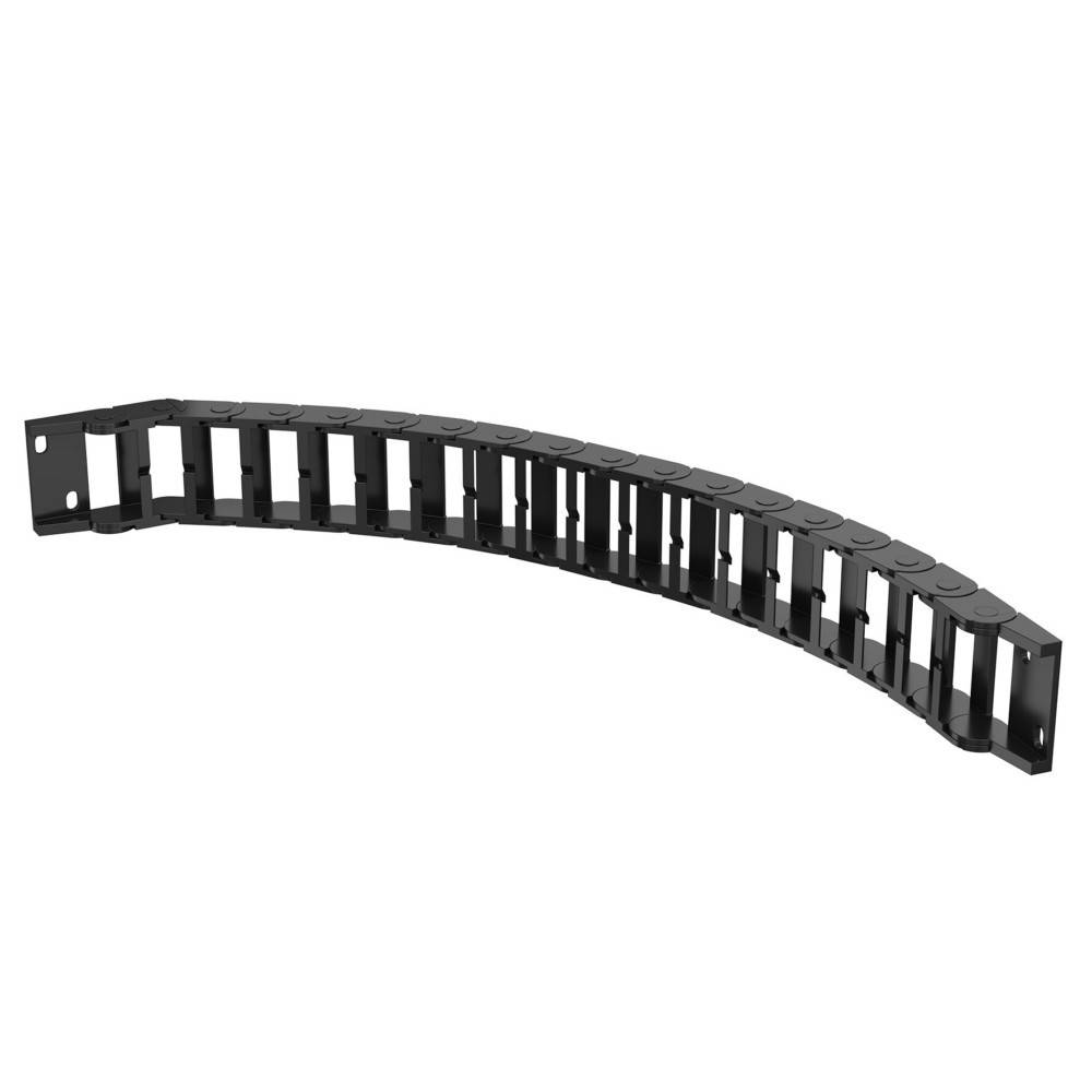 Gekrümmte schwarze Kunststoff-Schleppkette zum Führen und Schutz von beweglichen Kabeln.